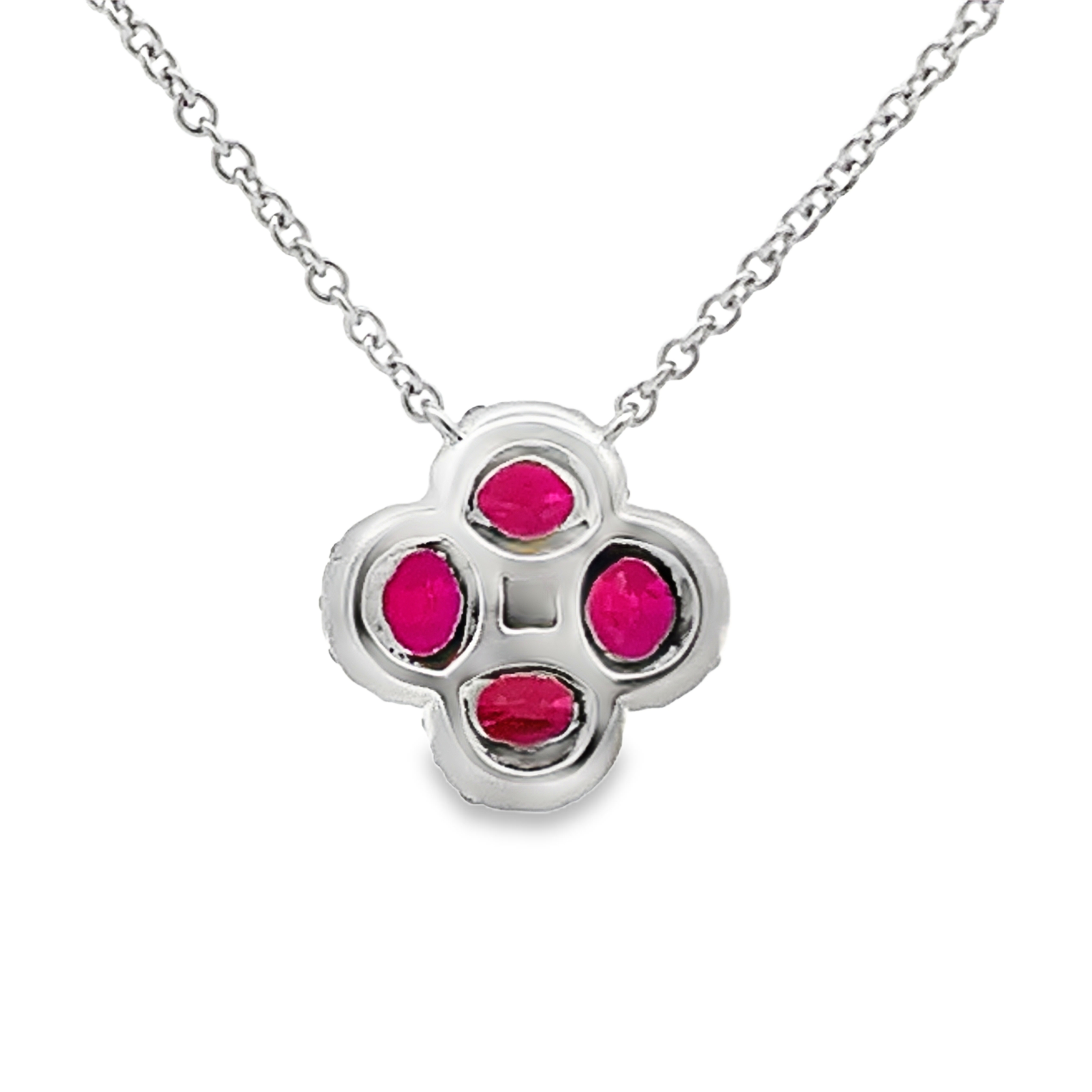 18K White Gold Ruby and Diamond Clover Necklace