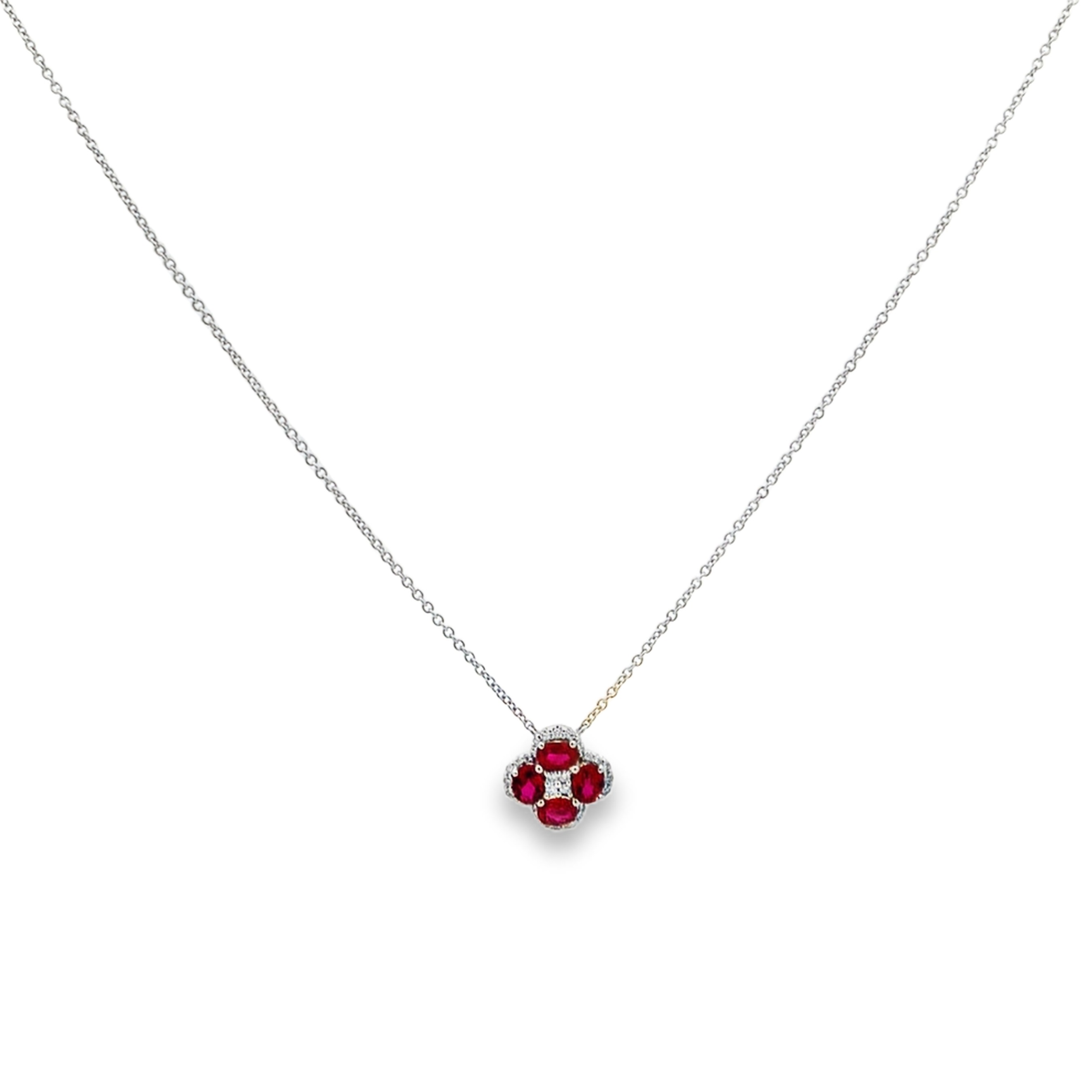 18K White Gold Ruby and Diamond Clover Necklace