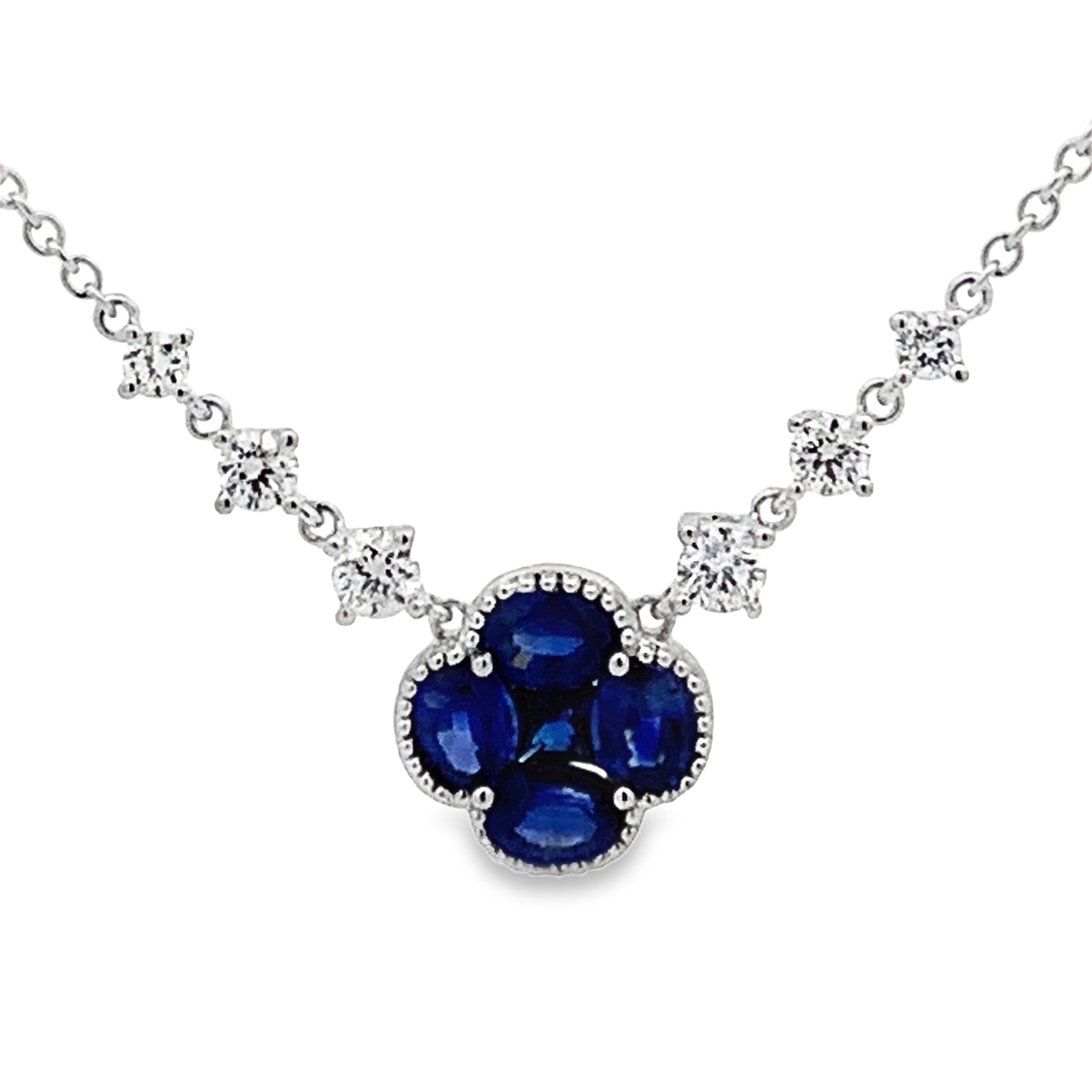 18K White Gold Sapphire and Diamond Clover and Diamond Station Necklace