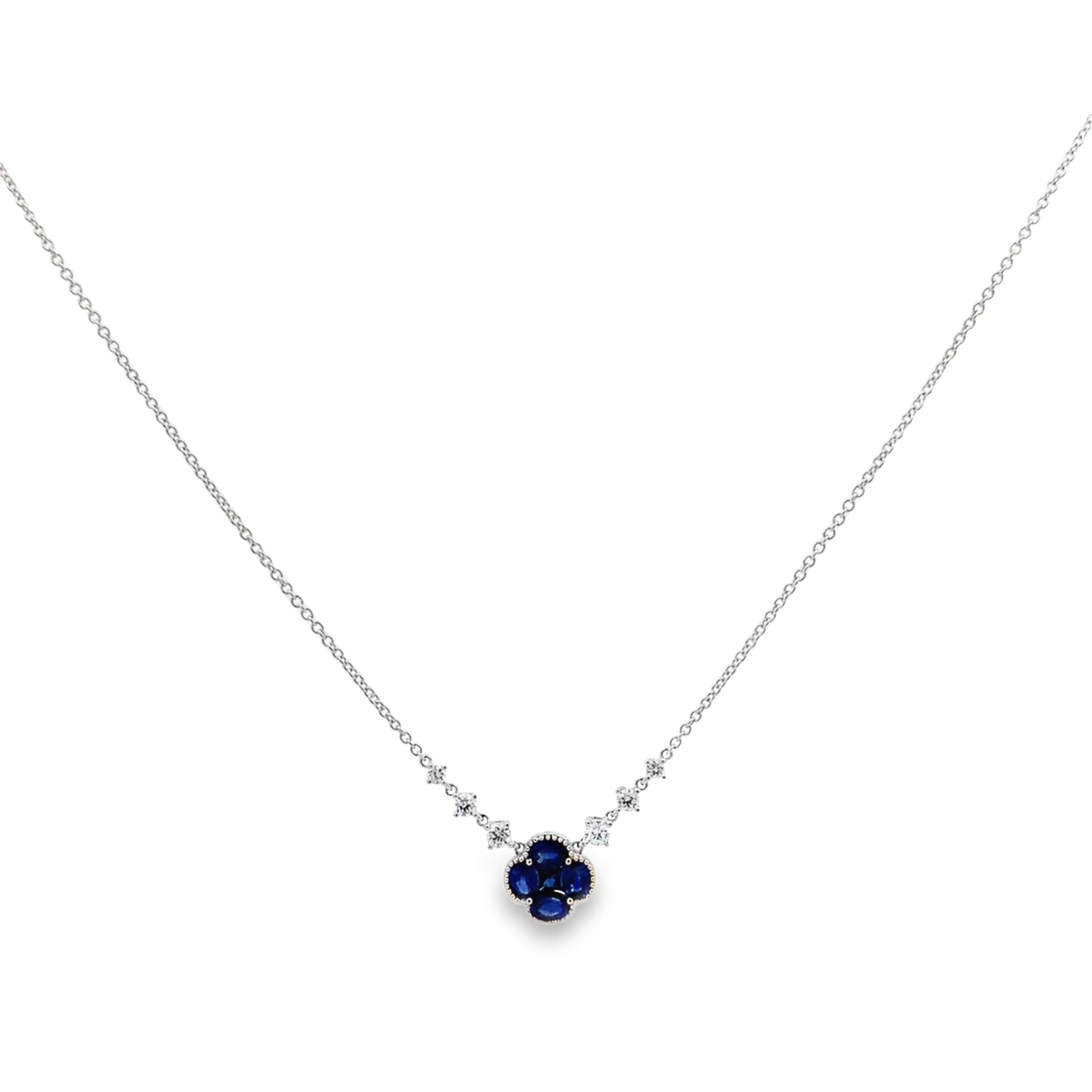 18K White Gold Sapphire and Diamond Clover and Diamond Station Necklace