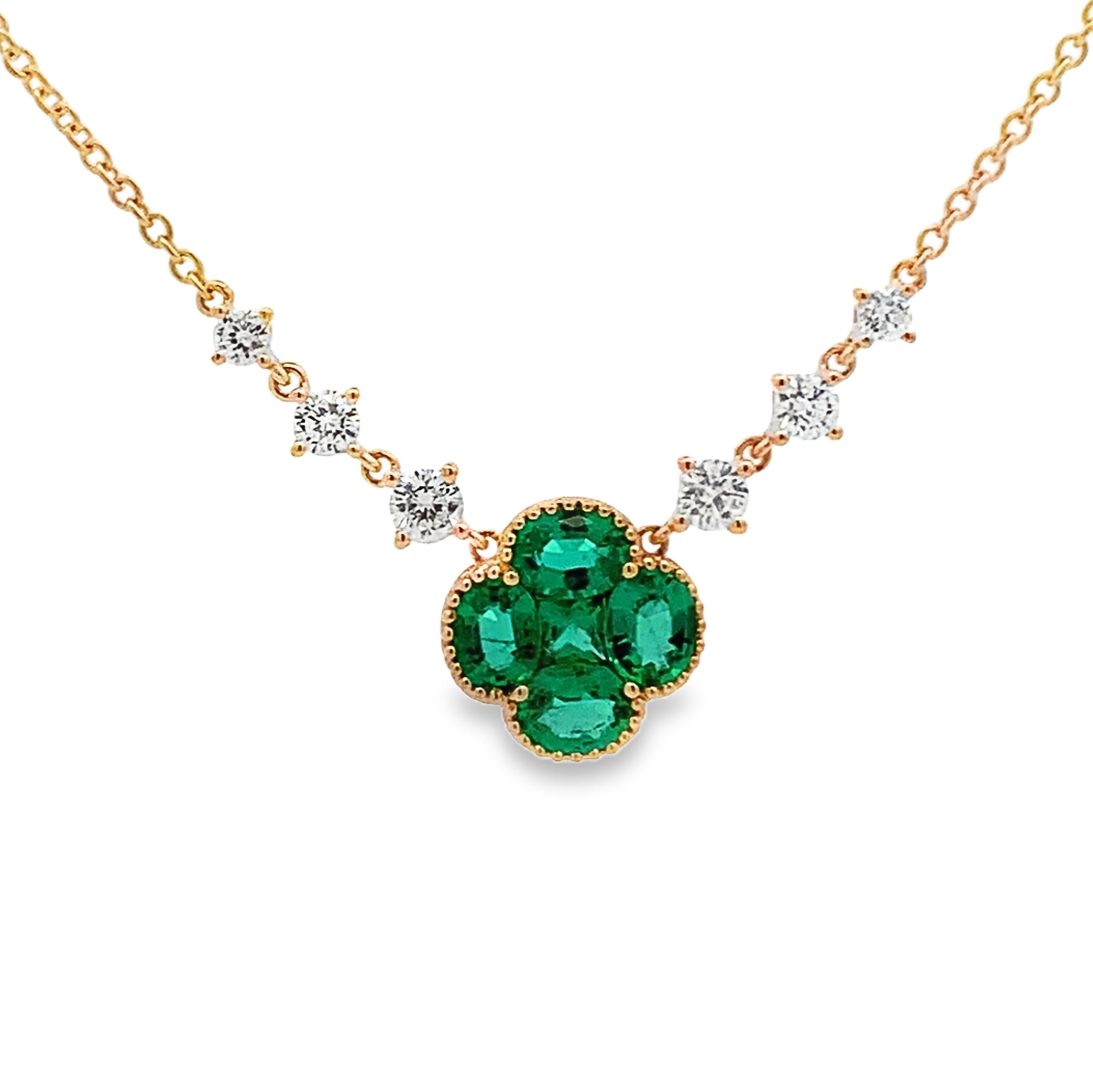 18K Yellow Gold Emerald and Diamond Clover and Diamond Stations Necklace
