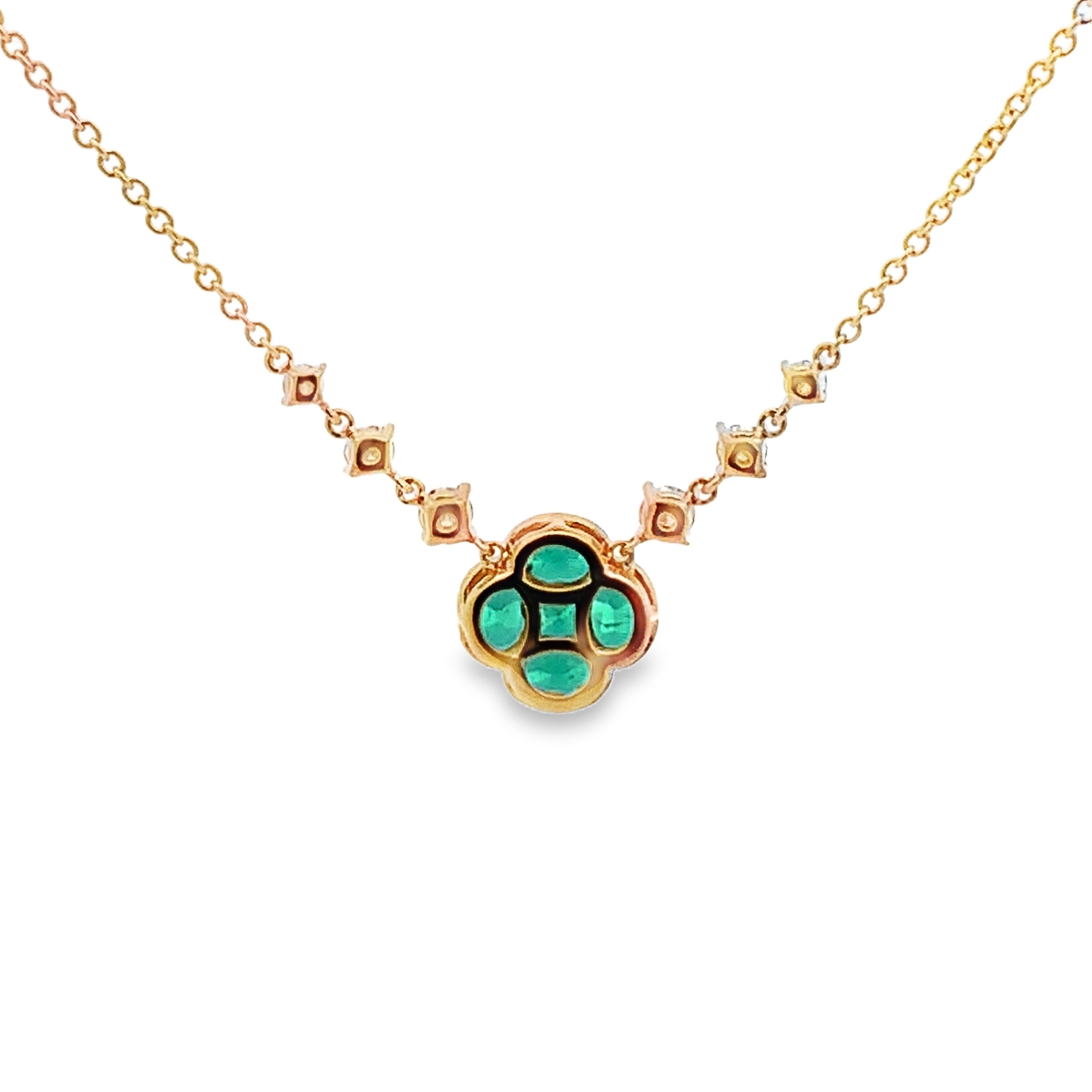 18K Yellow Gold Emerald and Diamond Clover and Diamond Stations Necklace
