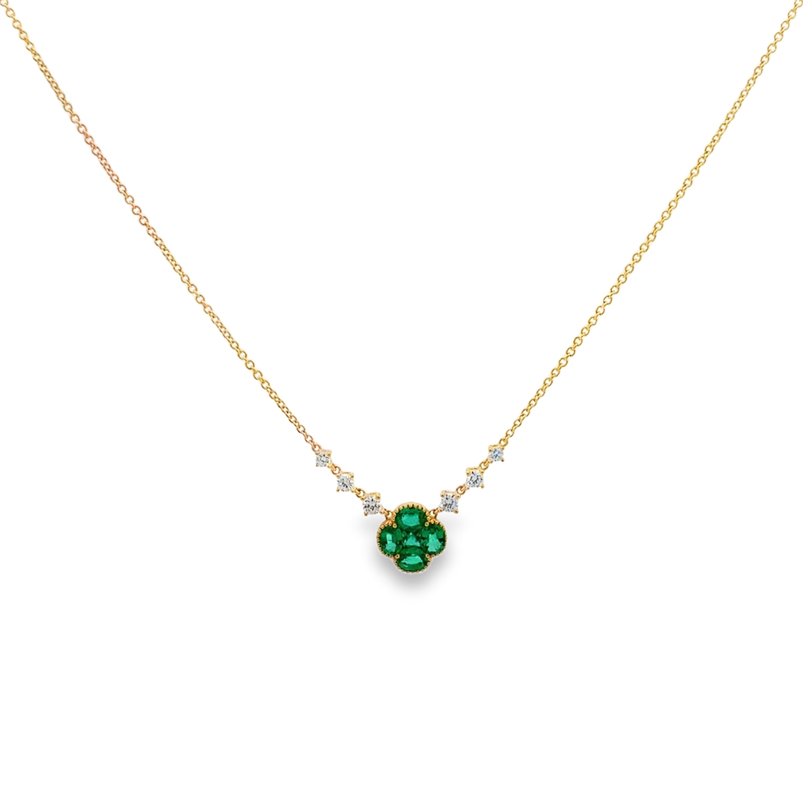 18K Yellow Gold Emerald and Diamond Clover and Diamond Stations Necklace
