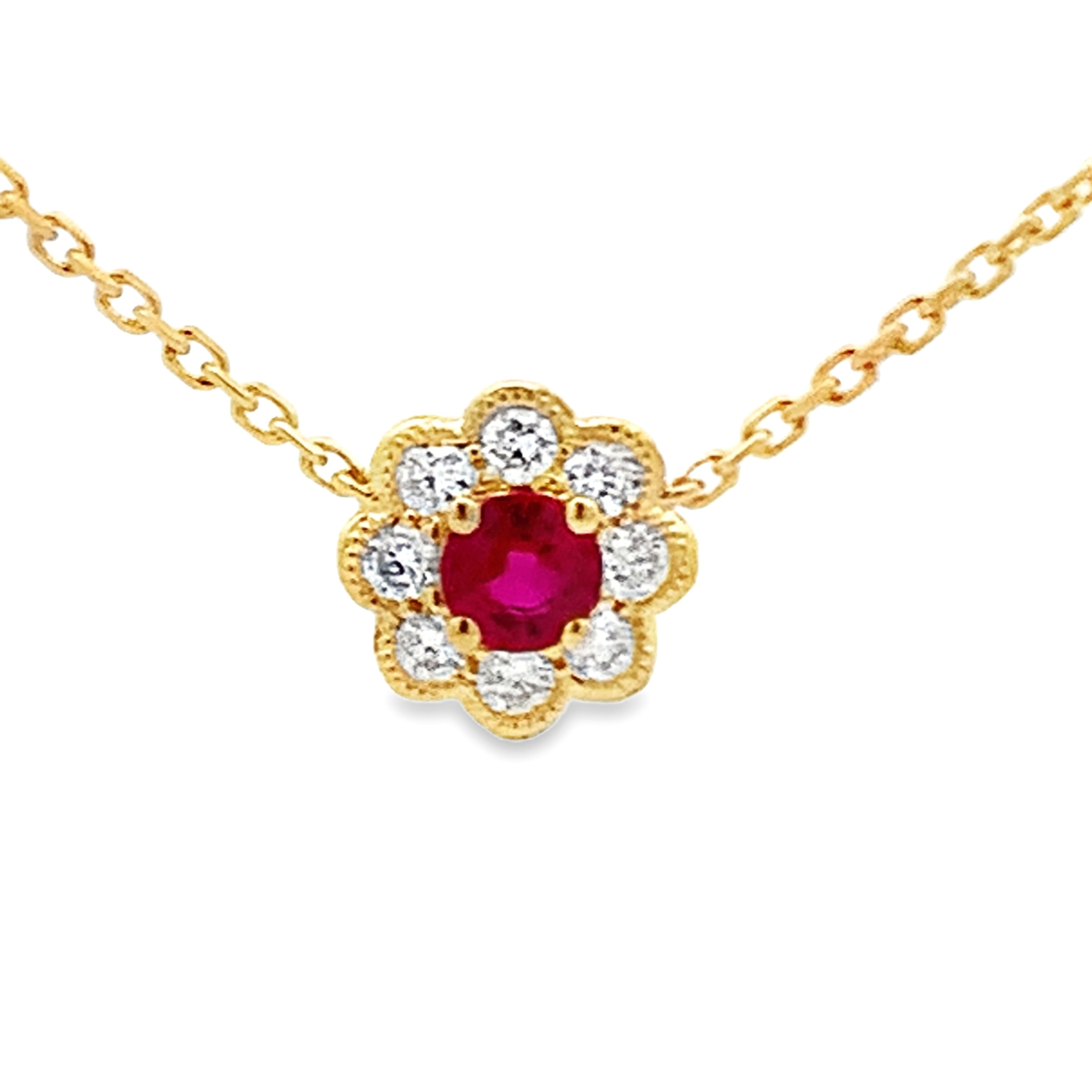 18K Yellow Gold Ruby and Diamond Flower with Milgrain Detail Necklace