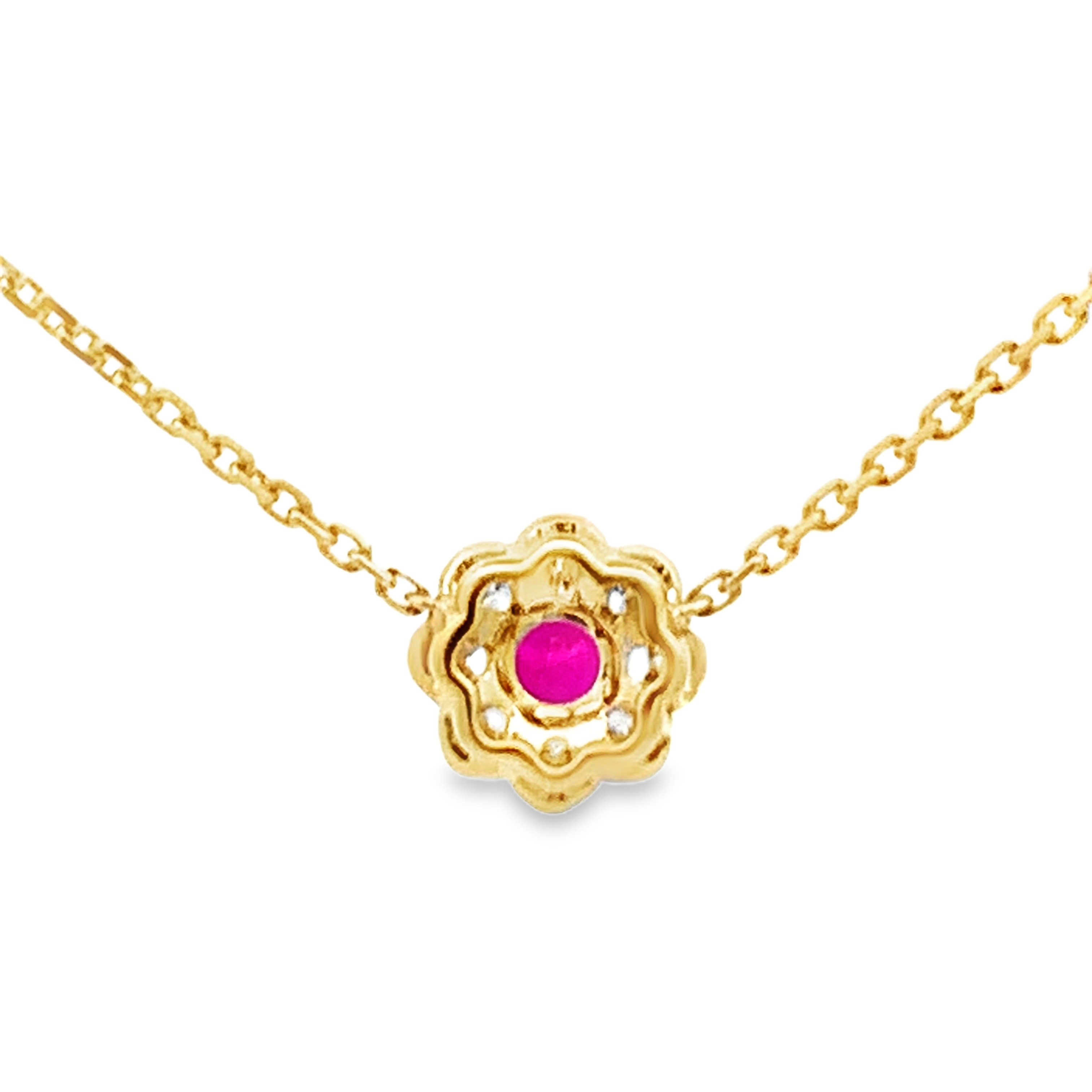 18K Yellow Gold Ruby and Diamond Flower with Milgrain Detail Necklace