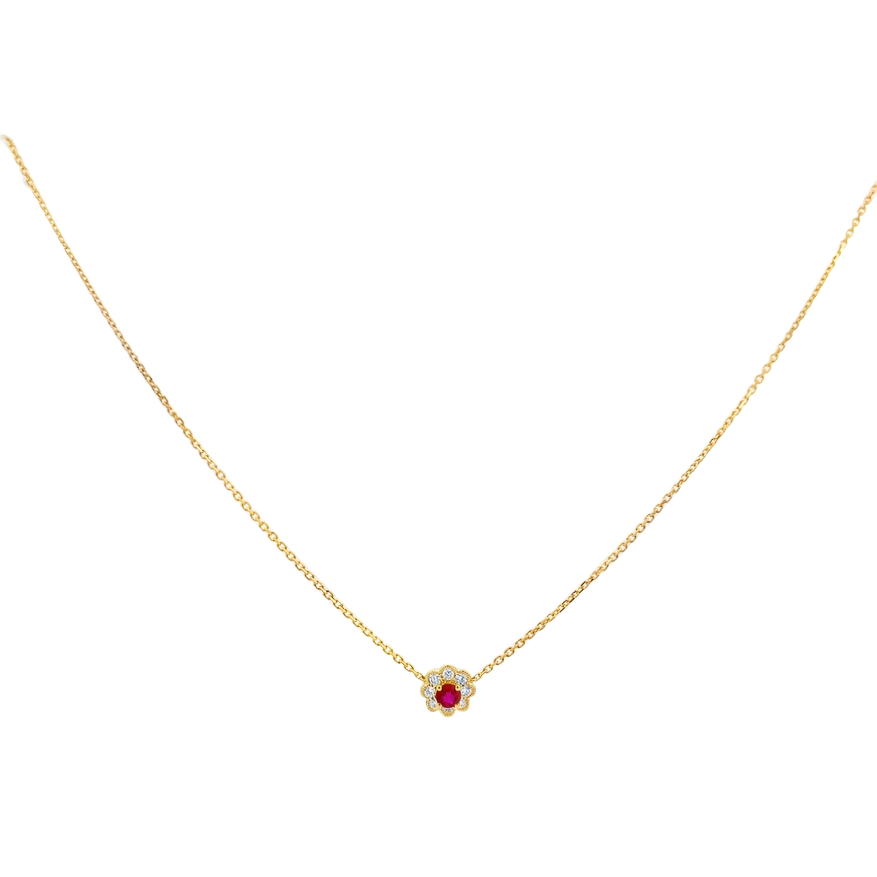 18K Yellow Gold Ruby and Diamond Flower with Milgrain Detail Necklace