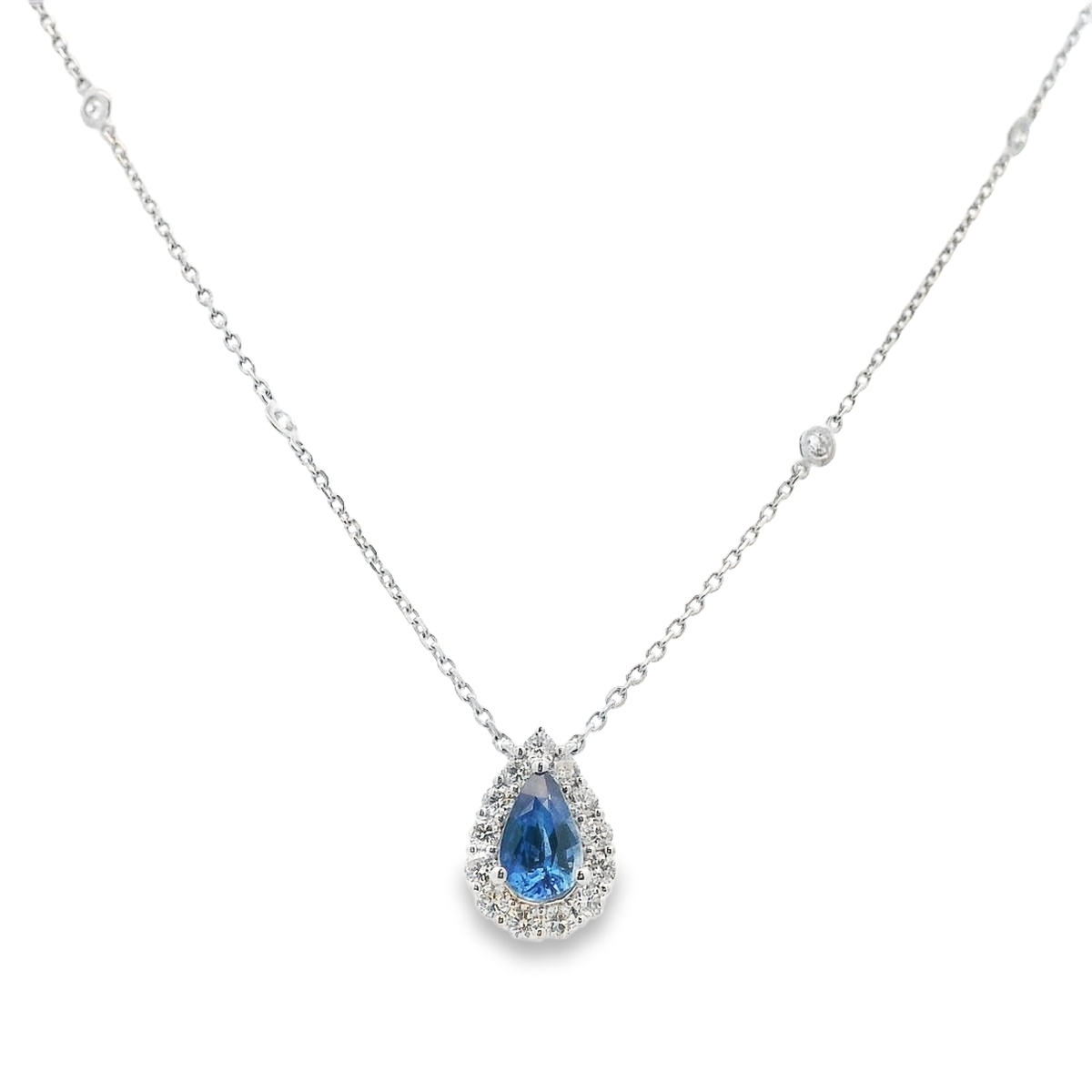 18K White Gold Blue Sapphire & Diamond Pear Necklace