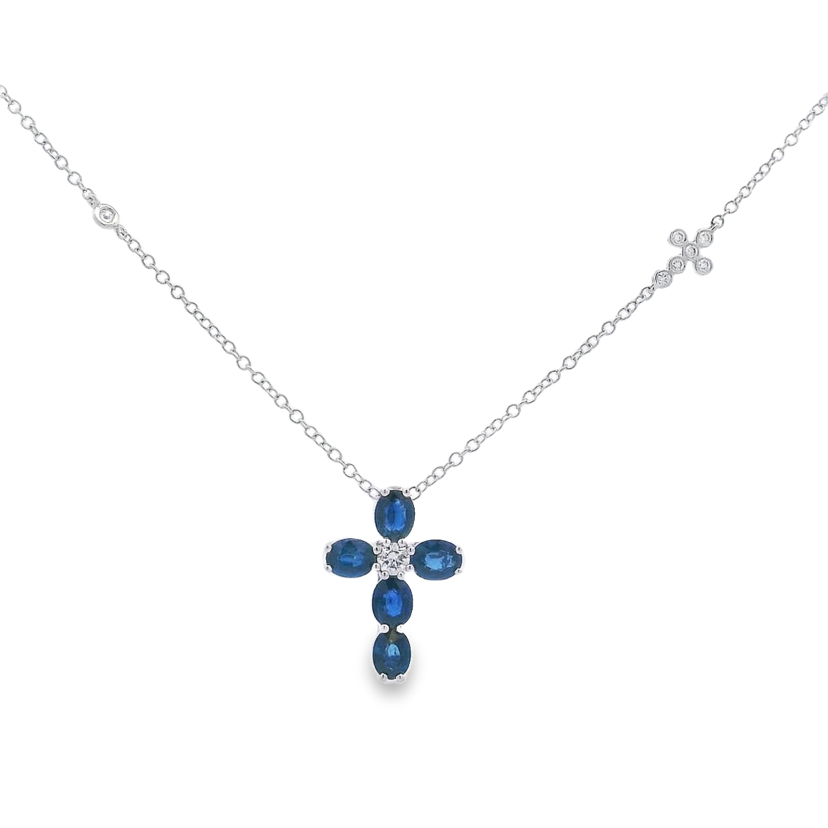 18K White Gold Sapphire & Diamond Cross Pendant on Diamond Cross & Bezel Chain