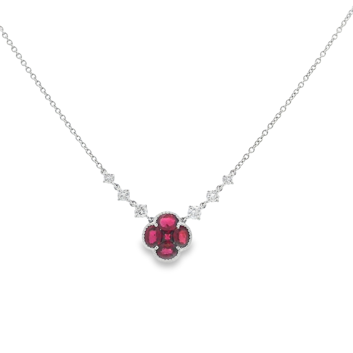 18K White Gold Ruby & Diamond Flower Center Necklace