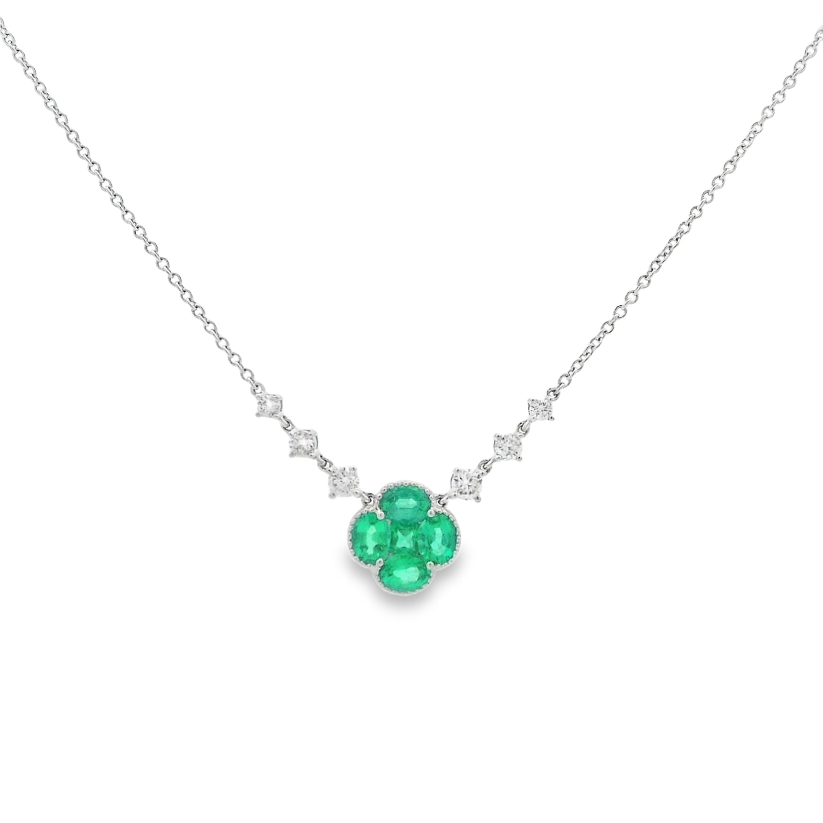 18K White Gold Emerald & Diamond Flower Center Necklace