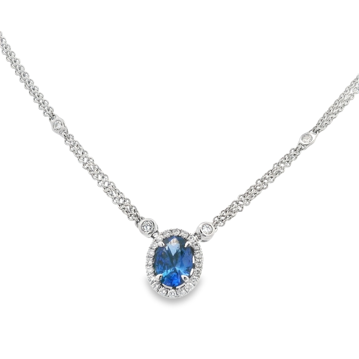 18K White Gold Oval Sapphire & Diamond Double-Chain Necklace