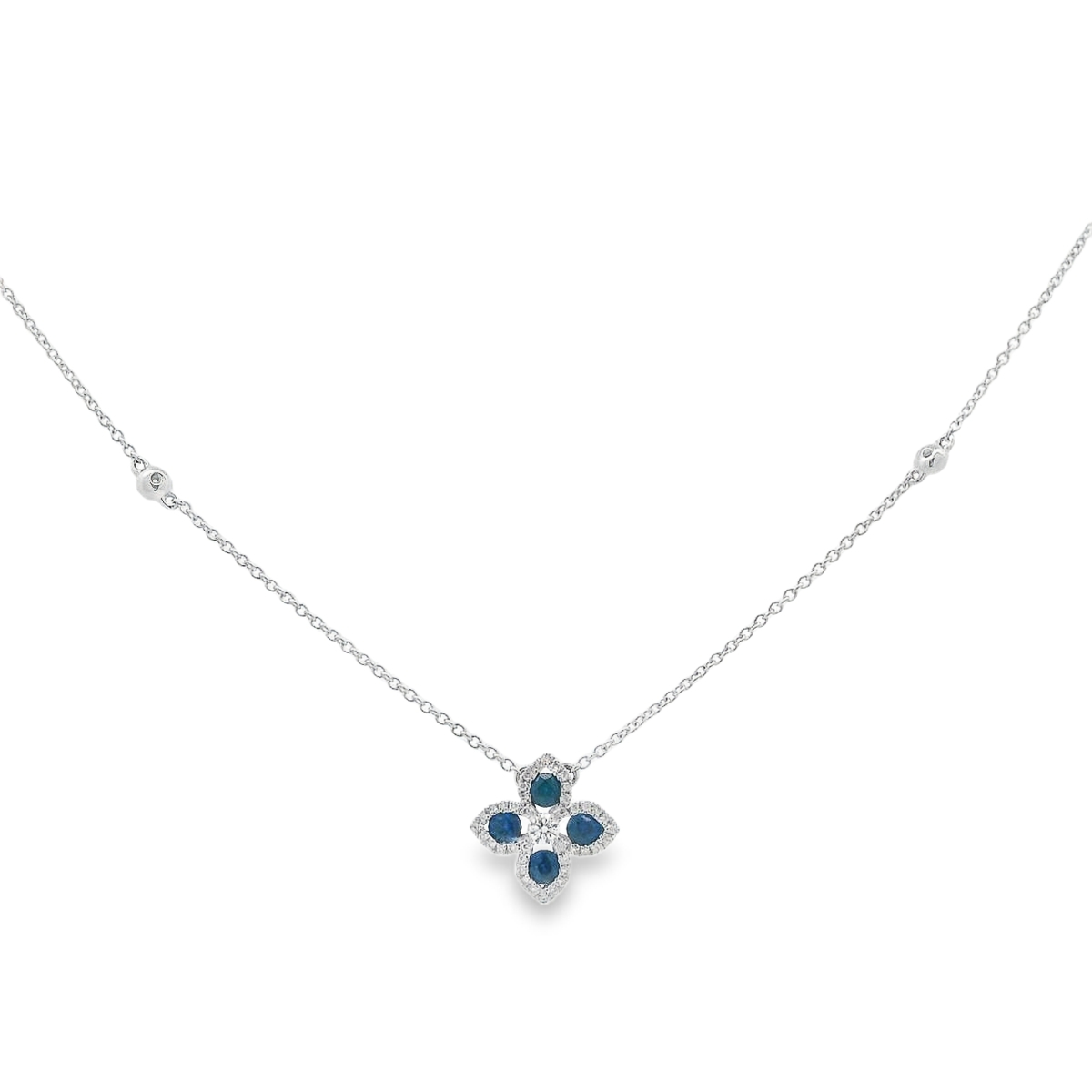 18K White Gold Blue Sapphire & Diamond Flower on 4-Station Diamond Chain