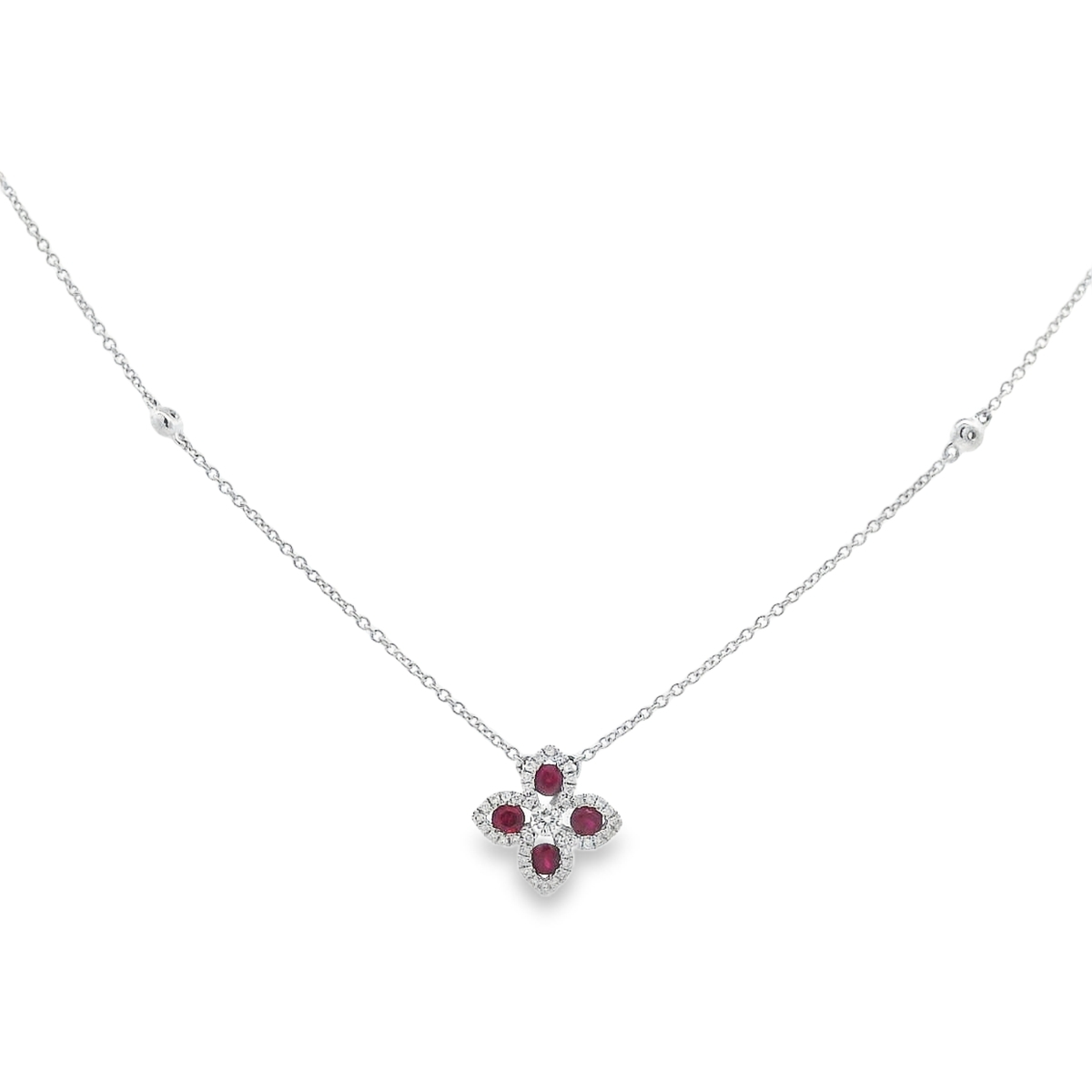 18K White Gold Ruby & Diamond Flower on 4-Station Diamond Chain