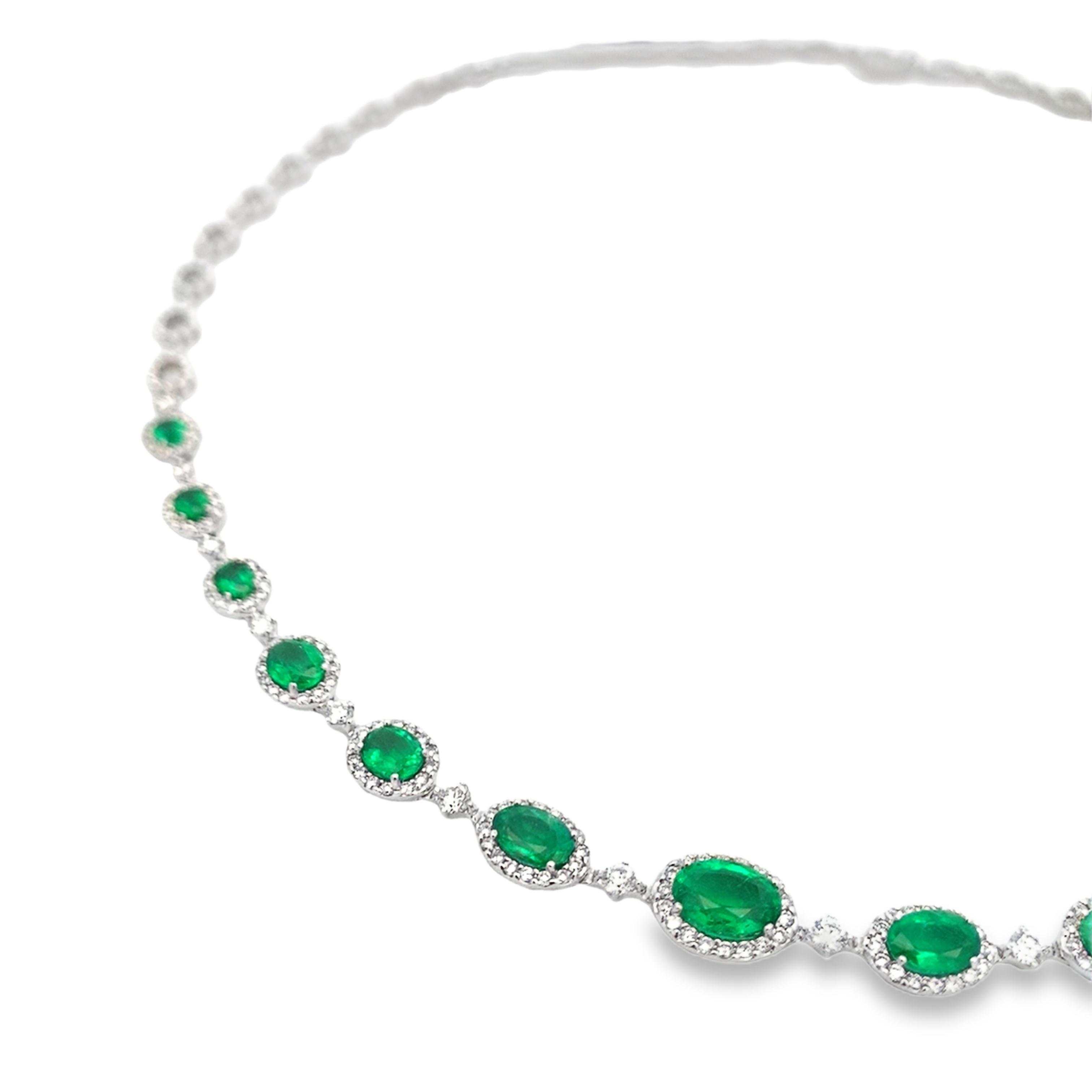 18K White Gold Emerald & Diamond Stations Necklace