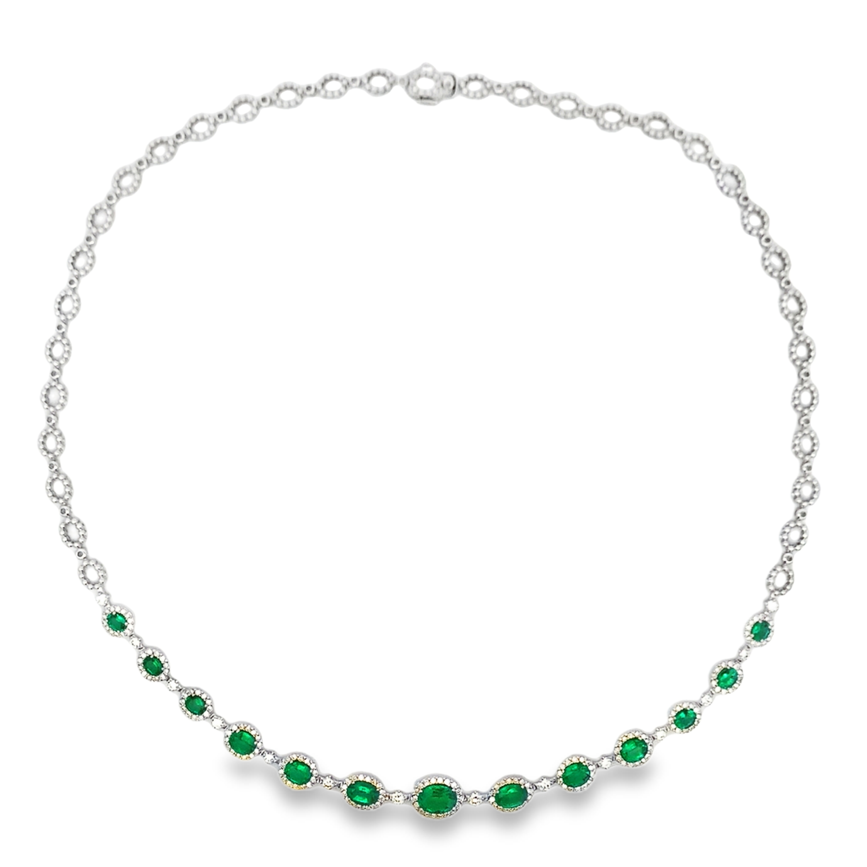 18K White Gold Emerald & Diamond Stations Necklace