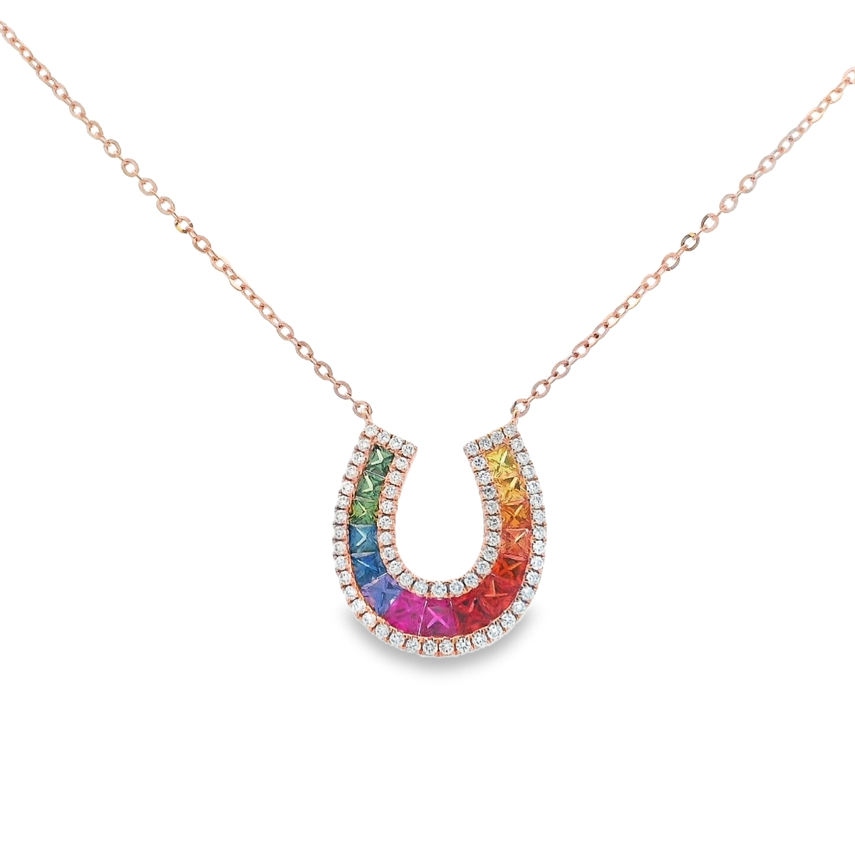 18K Rose Gold Rainbow Sapphire & Diamond Horseshoe Center Necklace
