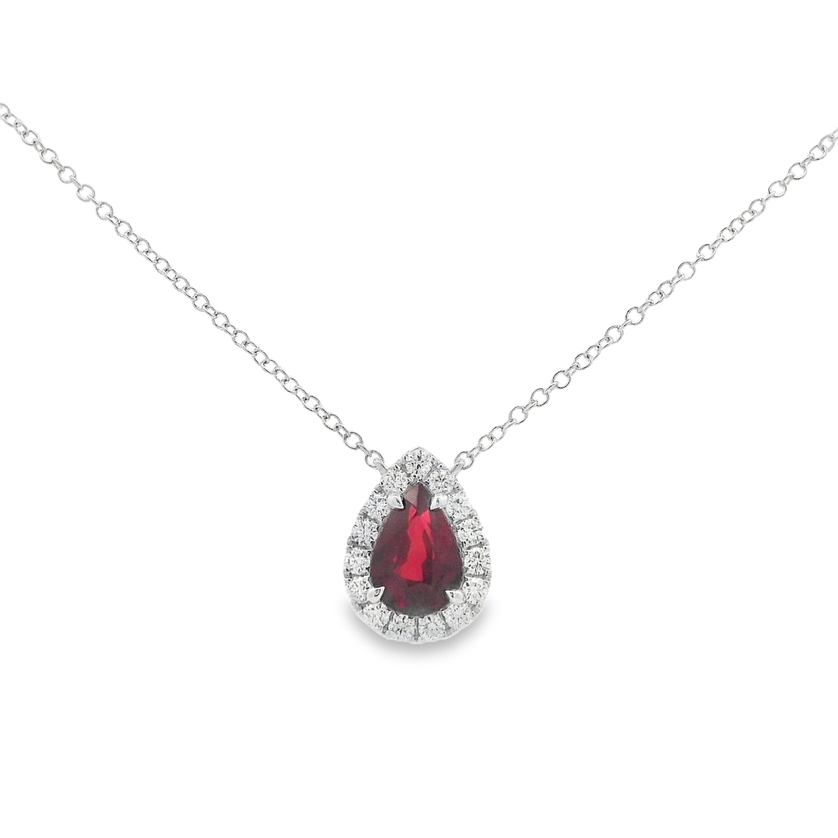 18K White Gold African Ruby a&Diamond Pear Necklace