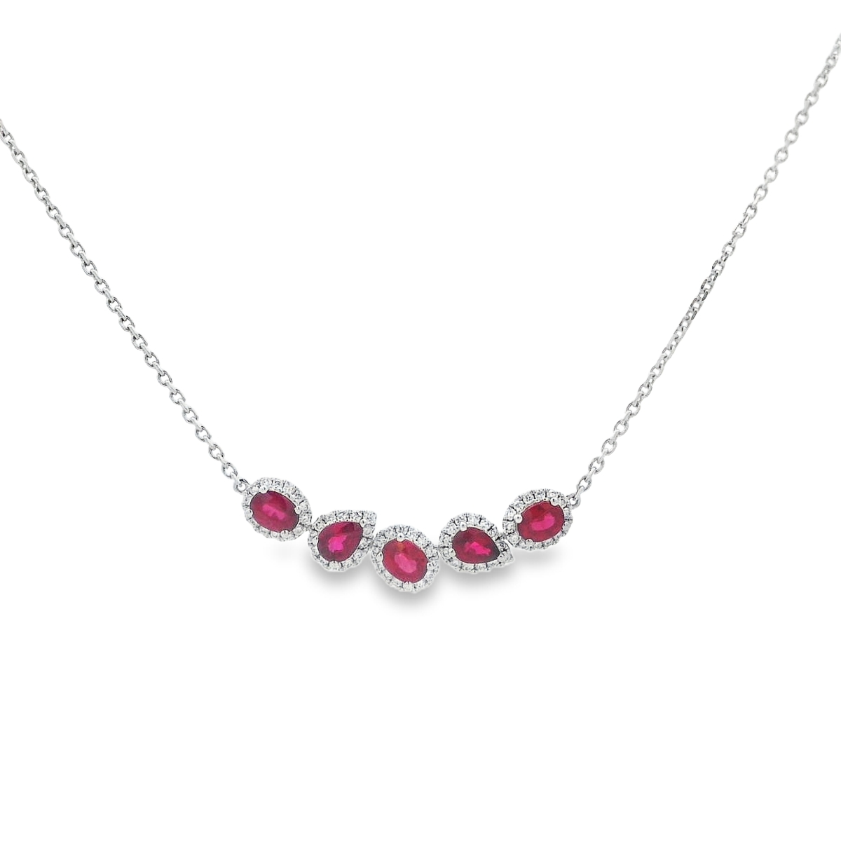 18K White Gold Mix-Shape Ruby & Diamond Curved Bar Necklace