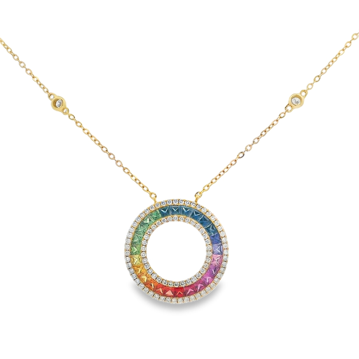 18K Yellow Gold Rainbow Sapphire & Diamond Circle Necklace