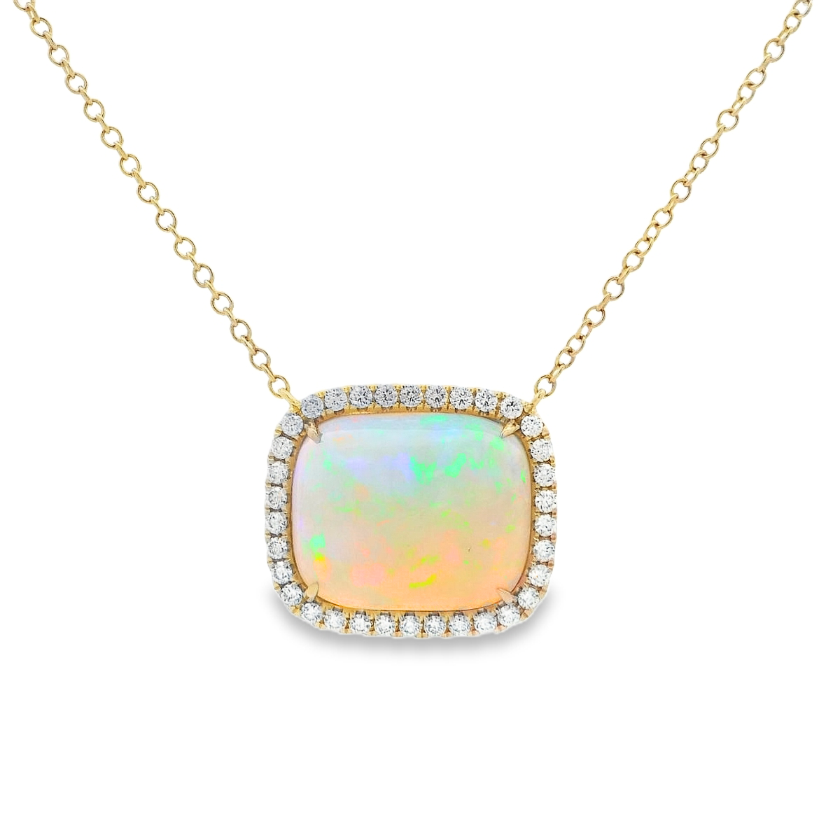 18K Yellow Gold Opal and Diamond Halo Necklace