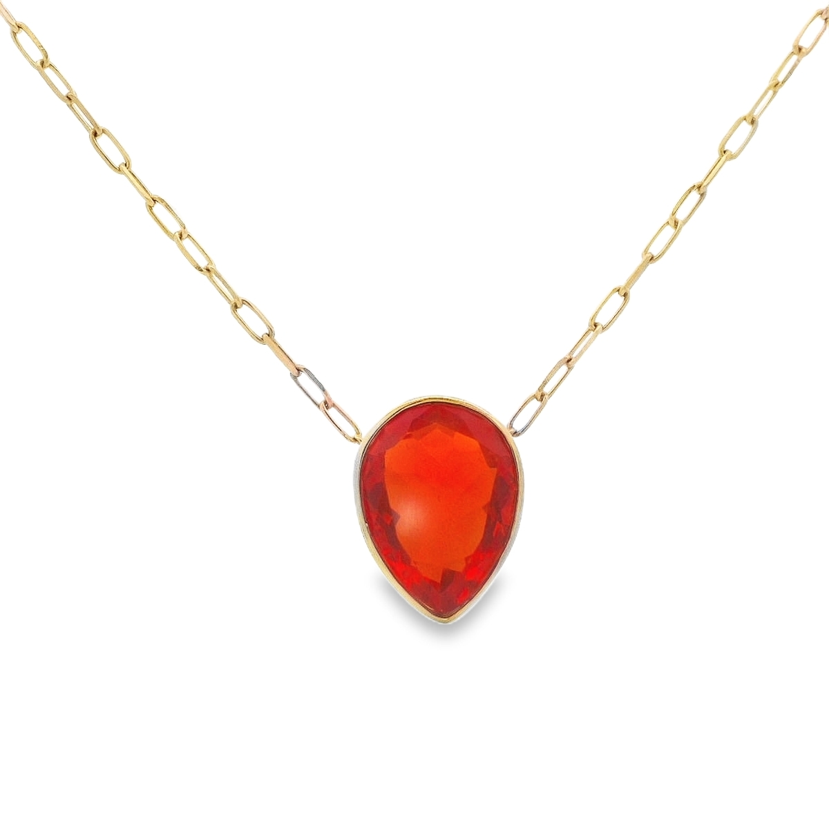 18K Yellow Gold Pear Bezel Fire Opal Necklace