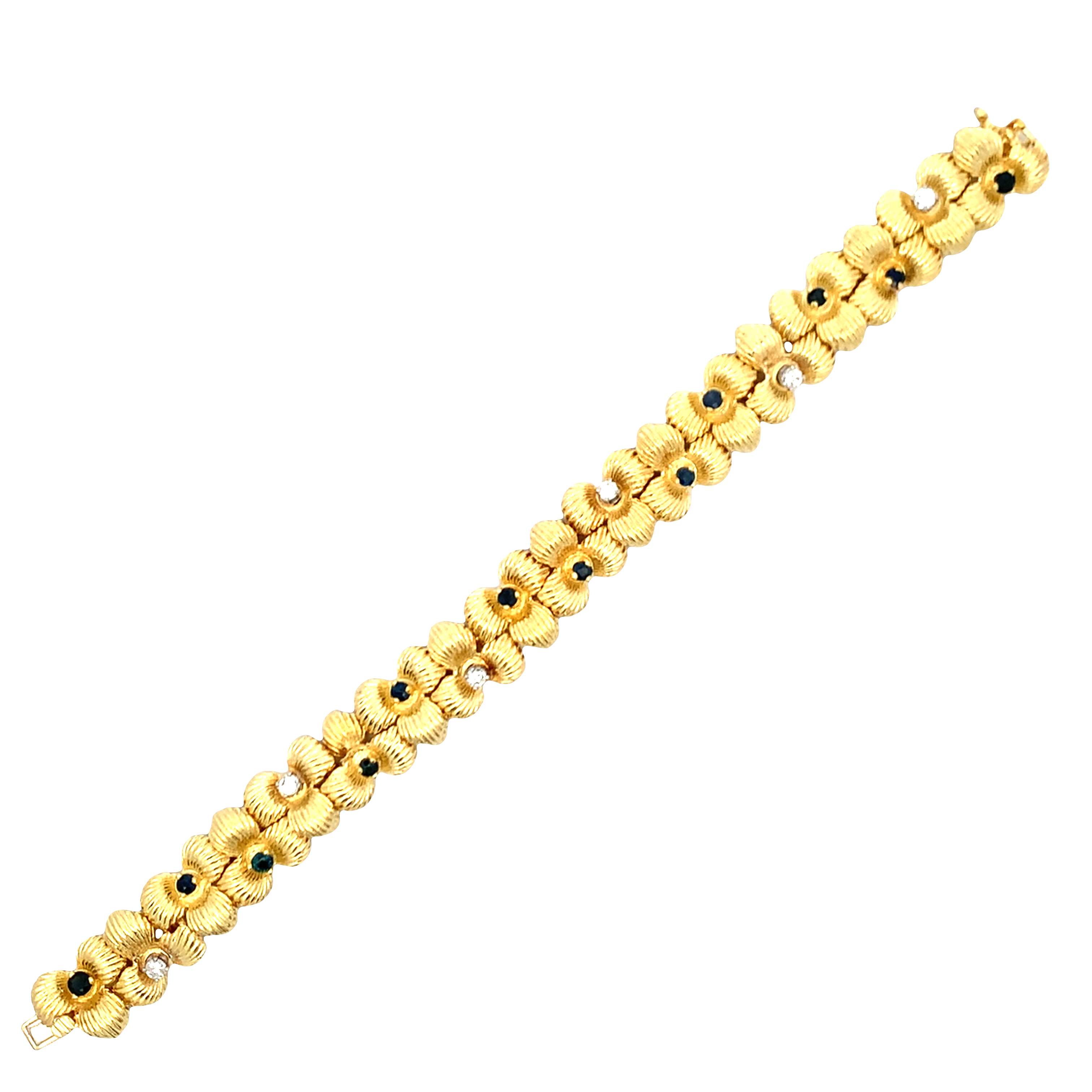 David Rovinsky 18 K Yellow Gold Sapphire and Diamond Floral Bracelet 6.75 with 12 Round Sapphires 1.00 CTW and 6 Round Diamonds 0.30 CTW I-J SI1-I1
25.3dwt