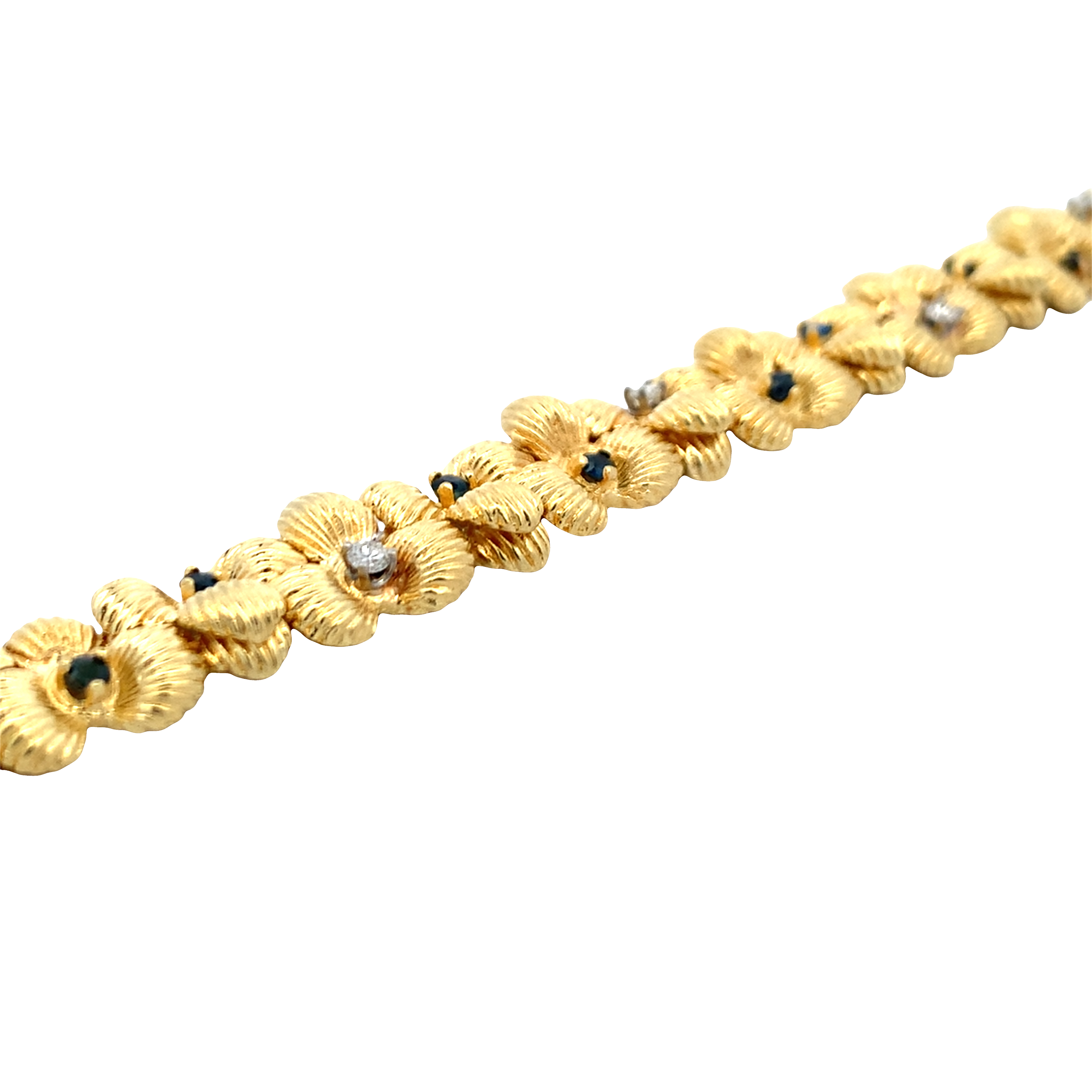 David Rovinsky 18 K Yellow Gold Sapphire and Diamond Floral Bracelet 6.75 with 12 Round Sapphires 1.00 CTW and 6 Round Diamonds 0.30 CTW I-J SI1-I1
25.3dwt