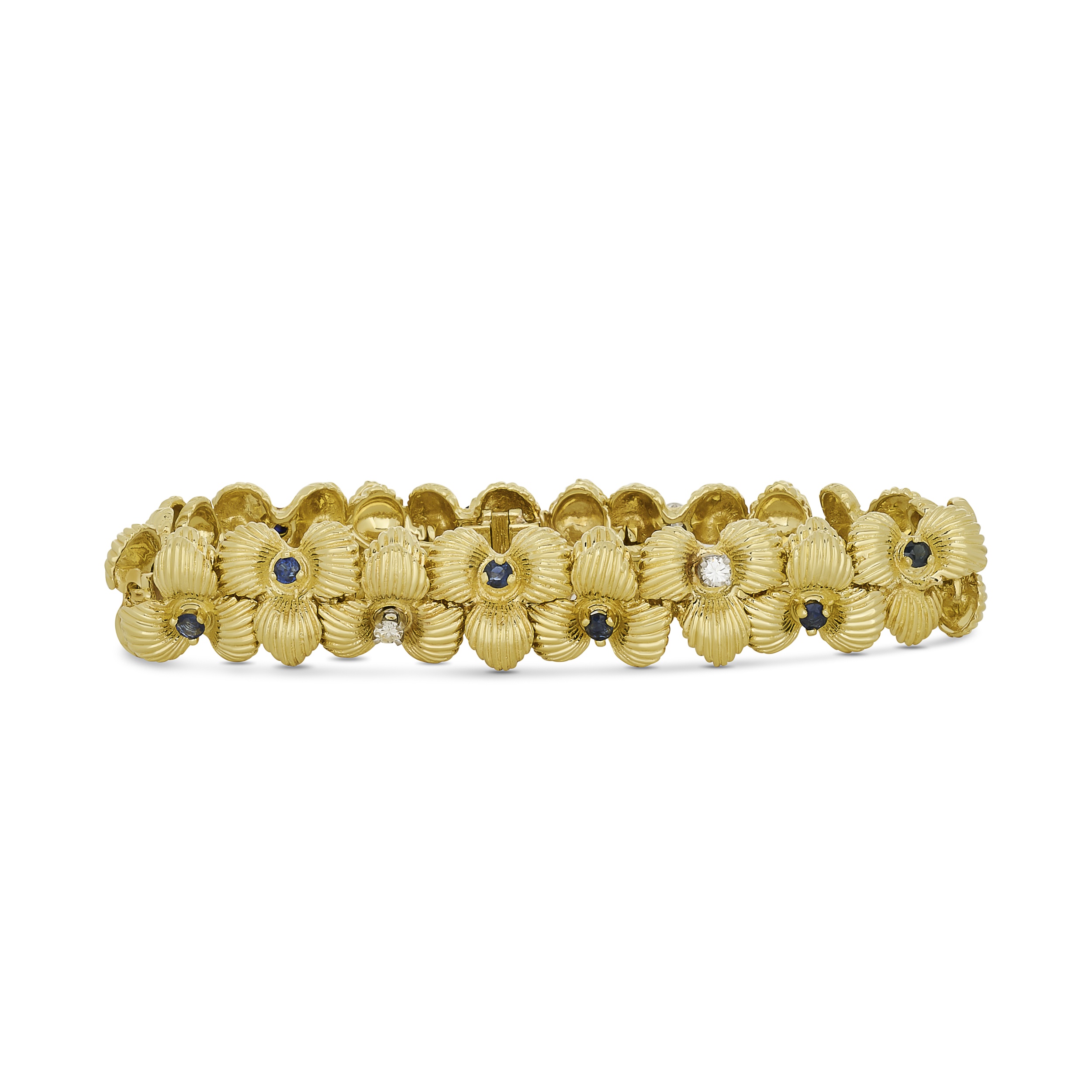 David Rovinsky 18 K Yellow Gold Sapphire and Diamond Floral Bracelet 6.75