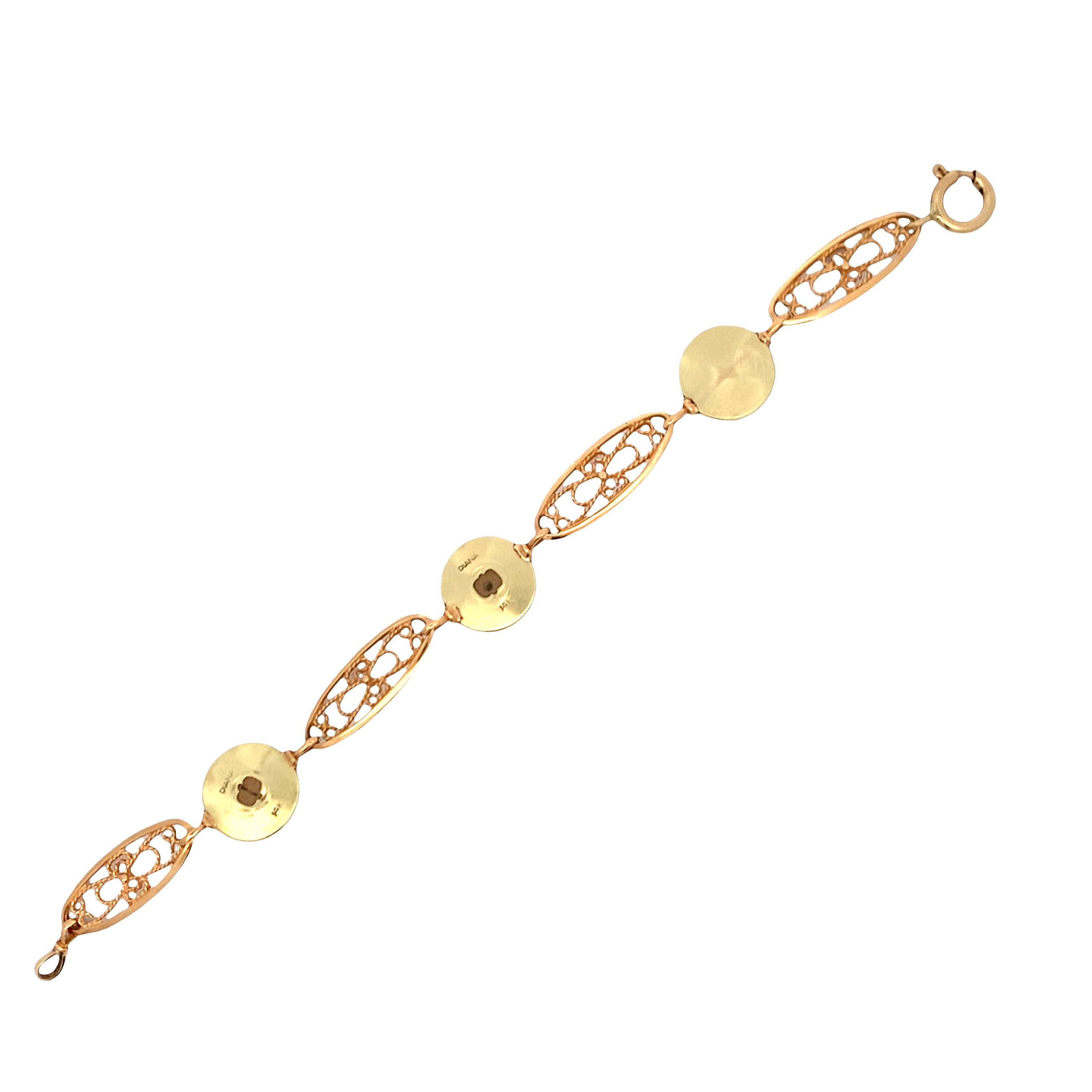 14K Yellow Gold & 18K Rose Gold Horse and Lasso Motif Filigree Link Bracelet with 3 Reverse Carved and Painted Rock Quarts Crystal 7.25
Stamped DIANA 14K 585