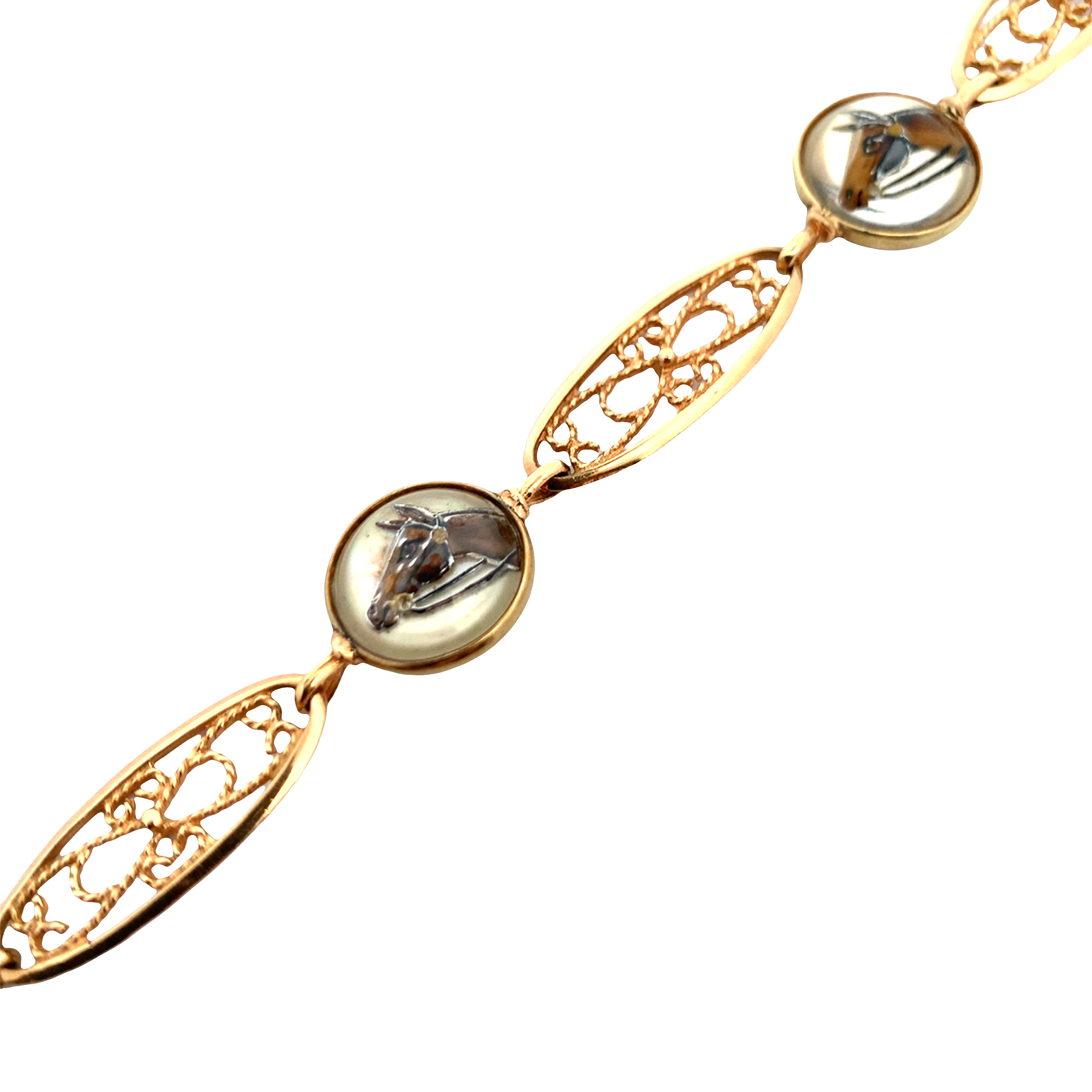 14K Yellow Gold & 18K Rose Gold Horse and Lasso Motif Filigree Link Bracelet with 3 Reverse Carved and Painted Rock Quarts Crystal 7.25
Stamped DIANA 14K 585