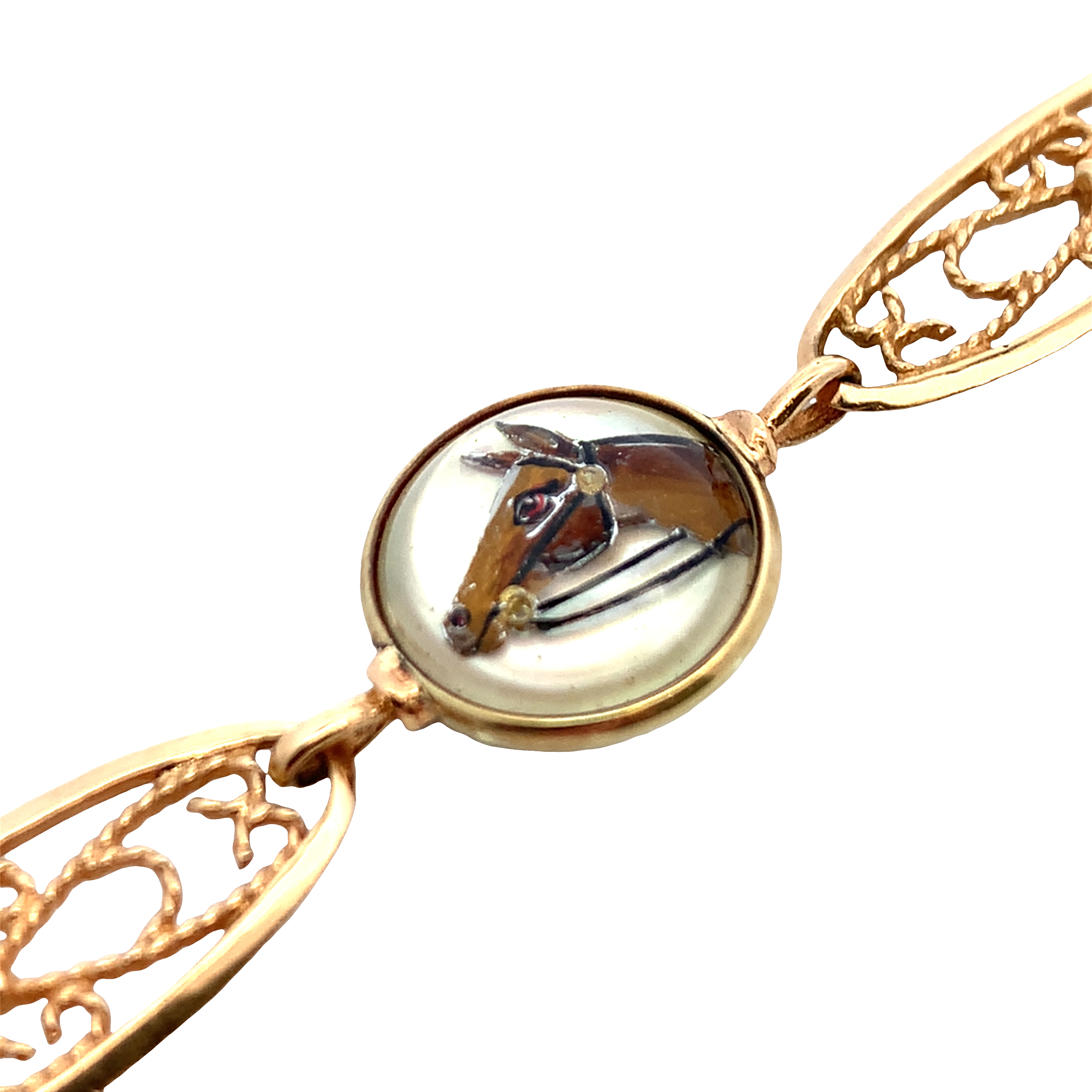 14K Yellow Gold & 18K Rose Gold Horse and Lasso Motif Filigree Link Bracelet with 3 Reverse Carved and Painted Rock Quarts Crystal 7.25
Stamped DIANA 14K 585