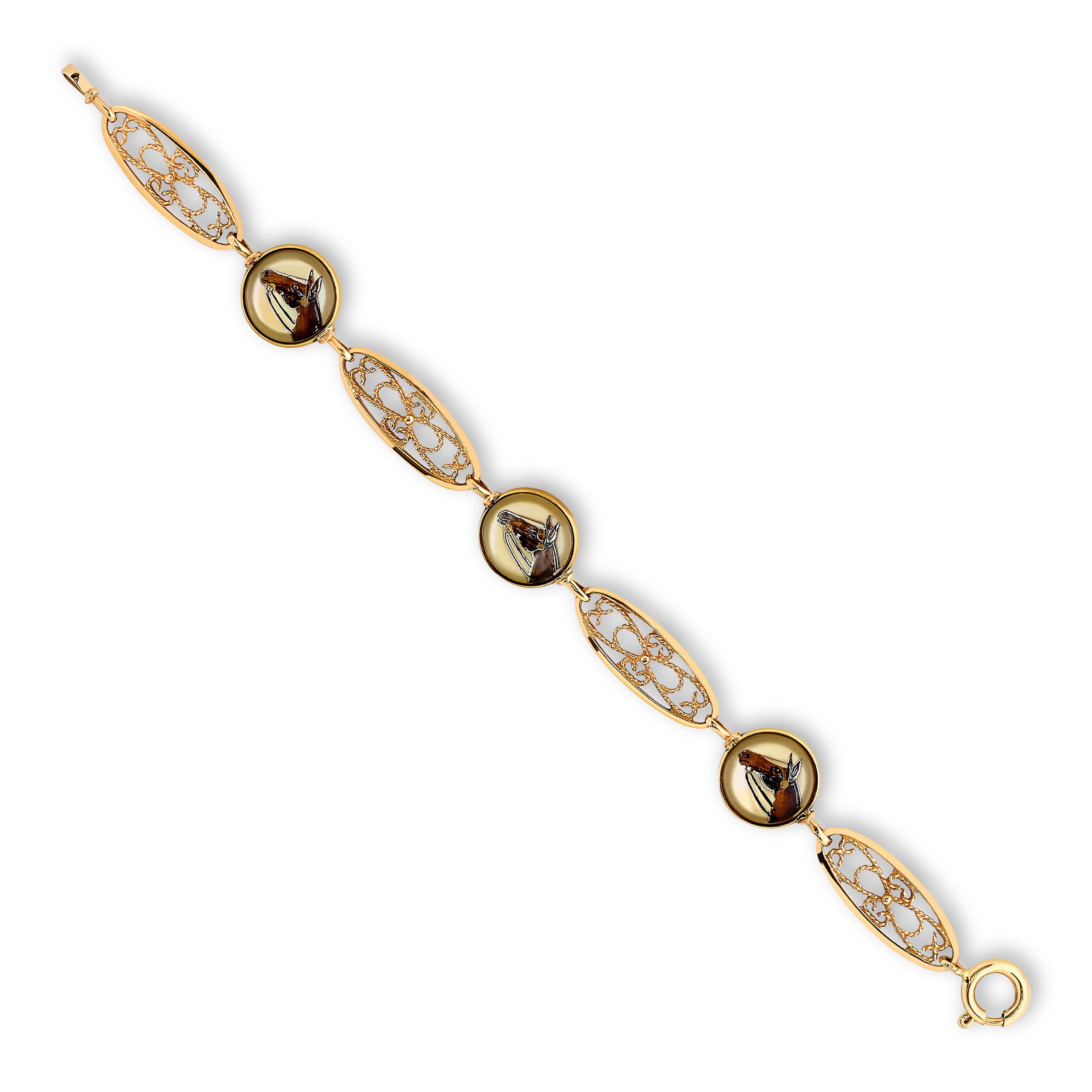 14K Yellow Gold & 18K Rose Gold Horse and Lasso Motif Filigree Link Bracelet with 3 Reverse Carved and Painted Rock Quarts Crystal 7.25