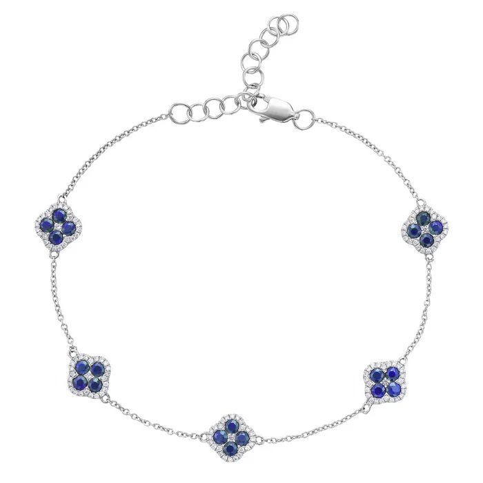 14K White Gold Sapphires and Diamond Clover Station Bracelet