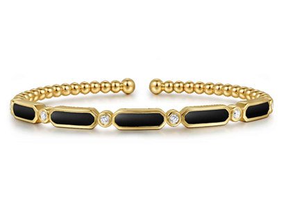 Gabriel & Co. 14K Yellow Gold Onyx Cuff Bangle and 5 Round Cut Diamonds CTW I-J SI
