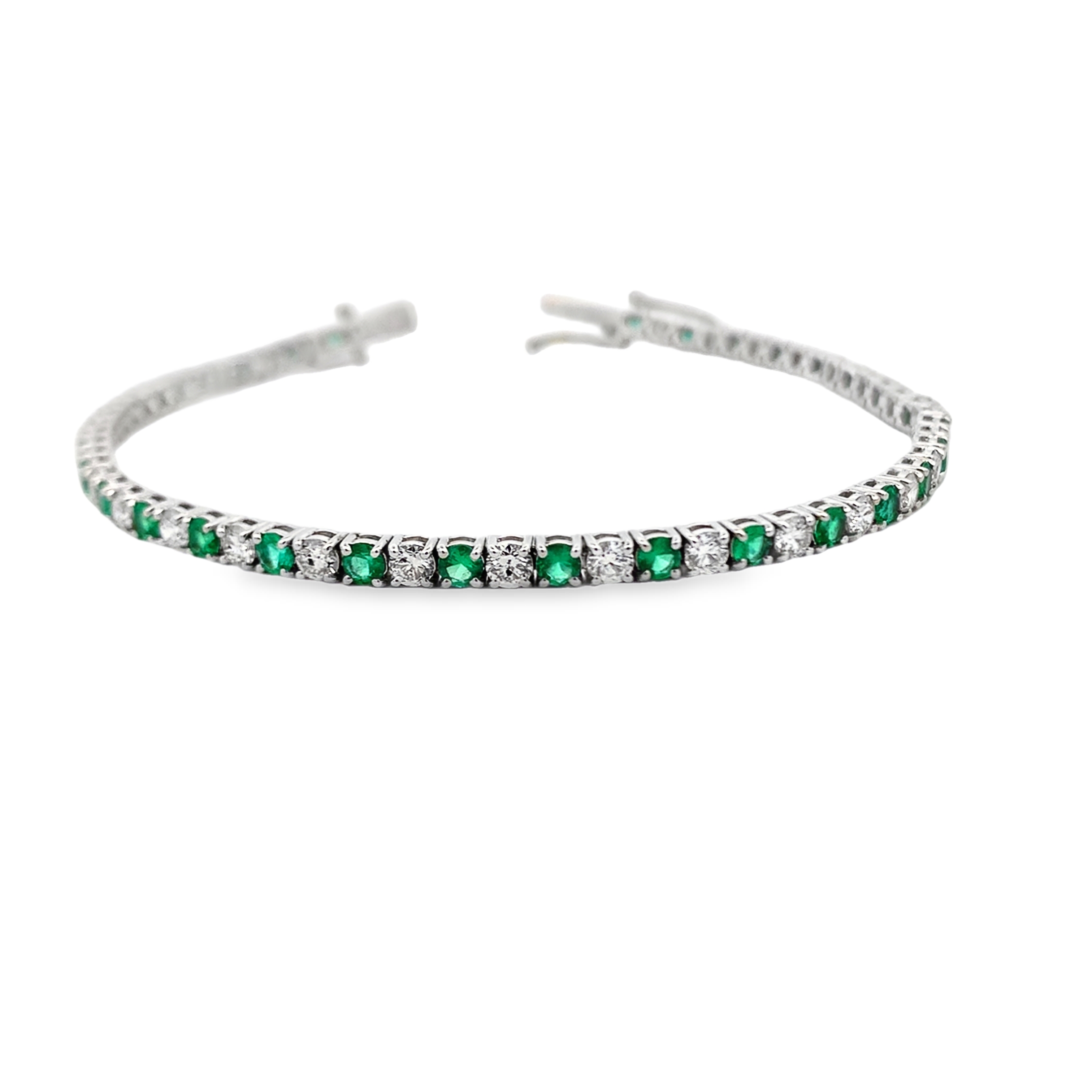 18K White Gold Diamond and Green Emerald Tennis Bracelet