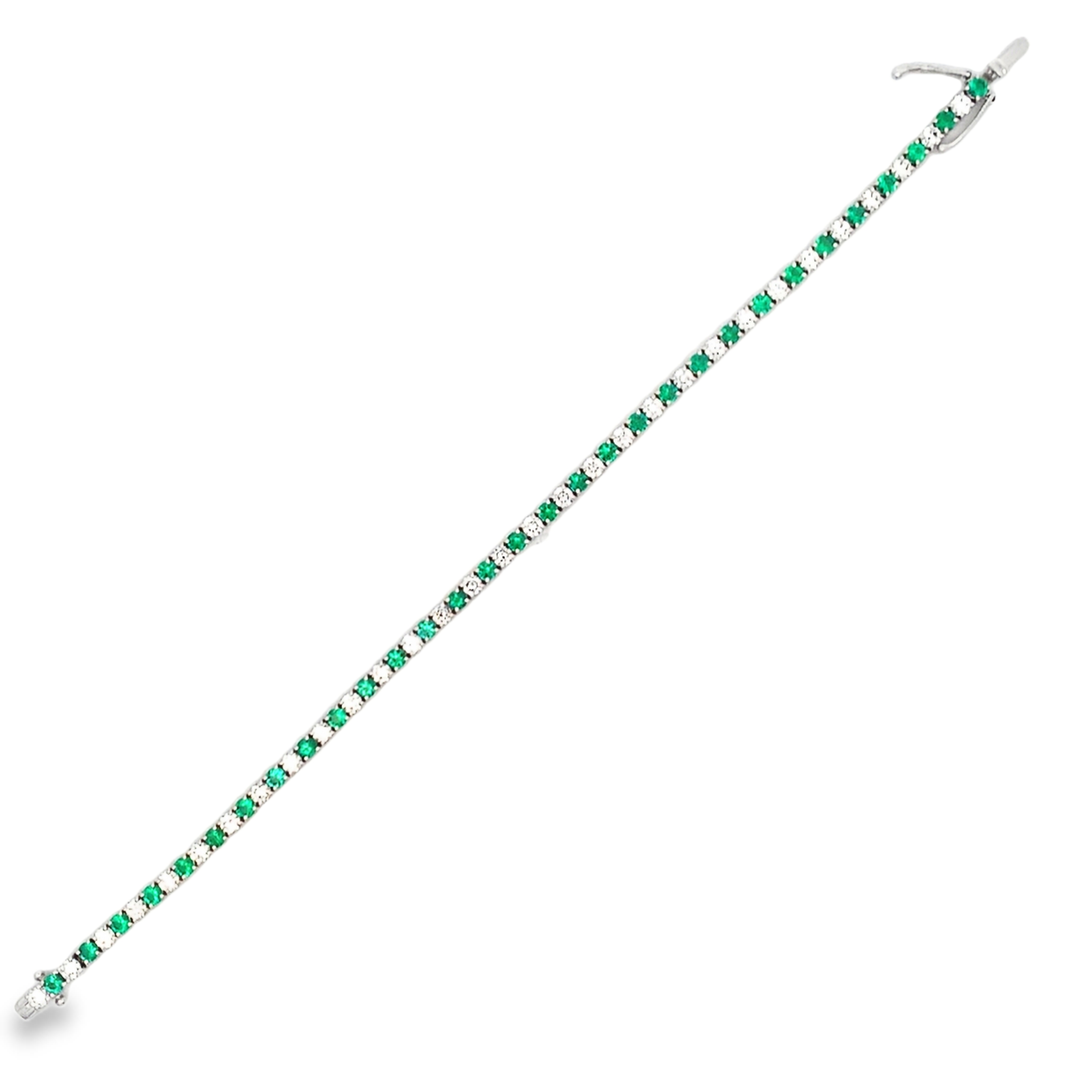 18K White Gold Diamond and Green Emerald Tennis Bracelet