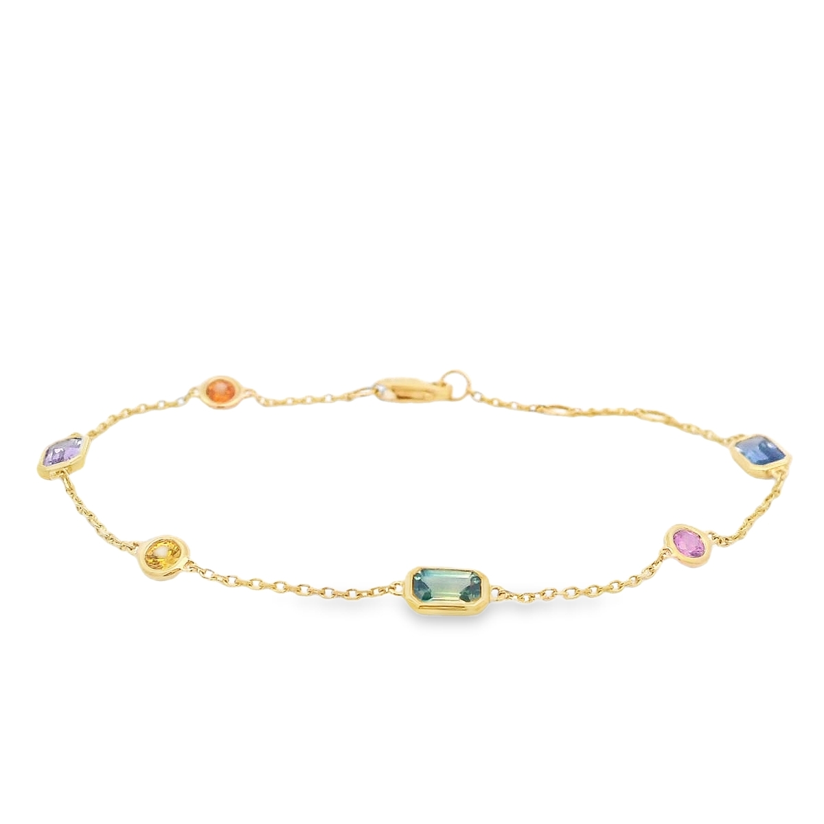 18K Yellow Gold Bezel Stations Multicolor Sapphires Chain Bracelet