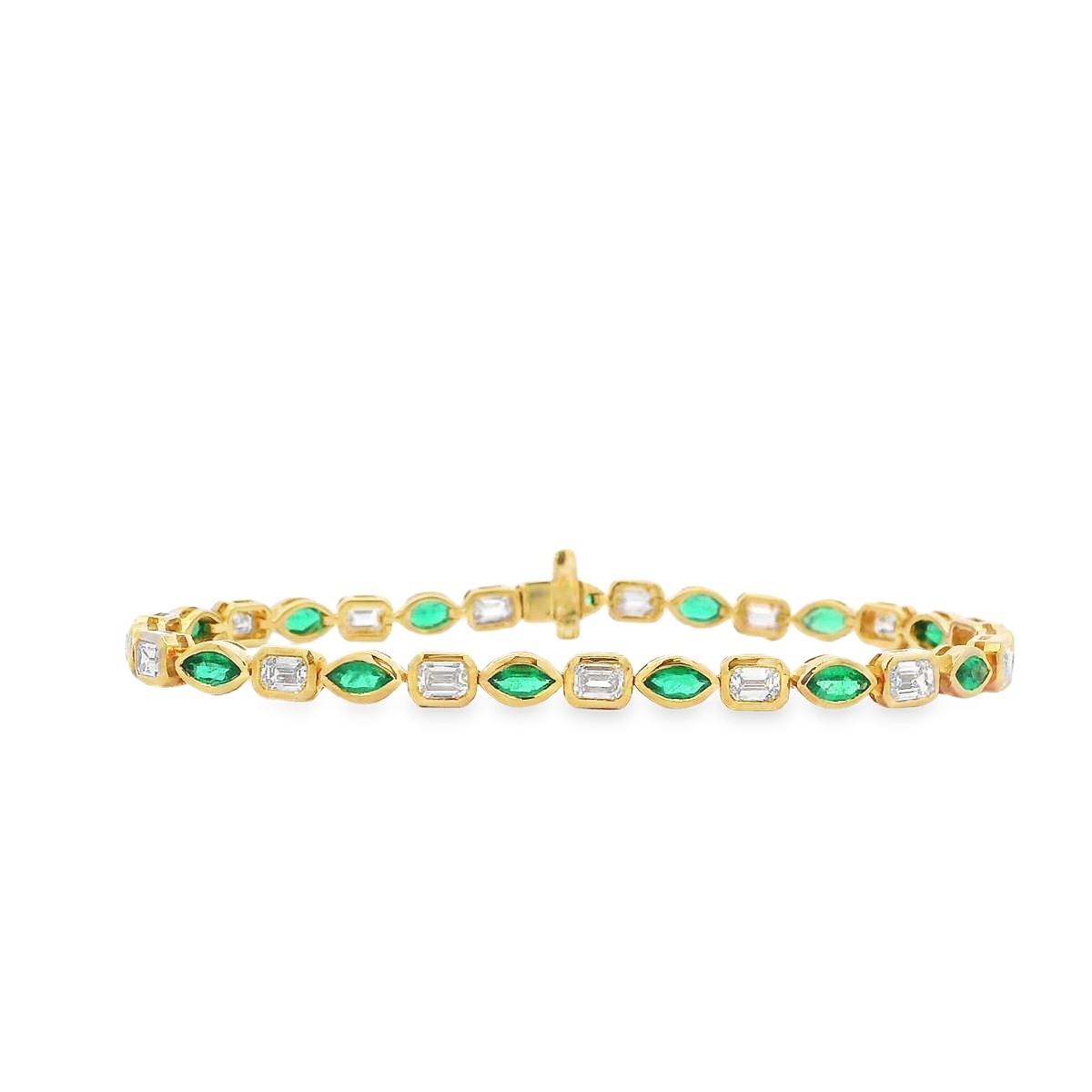 18K Yellow Gold Alternating Marquise Emerald and Diamond Bezel-Set Bracelet