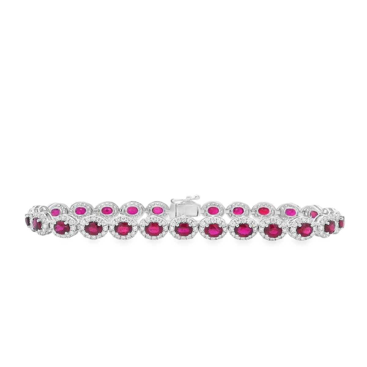 18K White Gold Ruby and Diamond Halo Links Bracelet