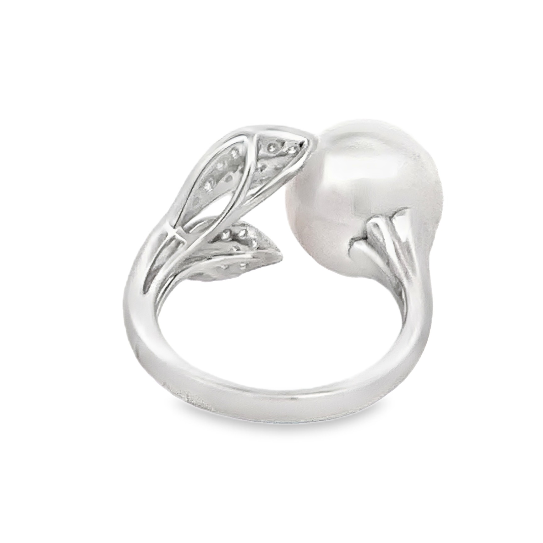 18K White Gold South Sea Pearl and Diamond Leaves Ring