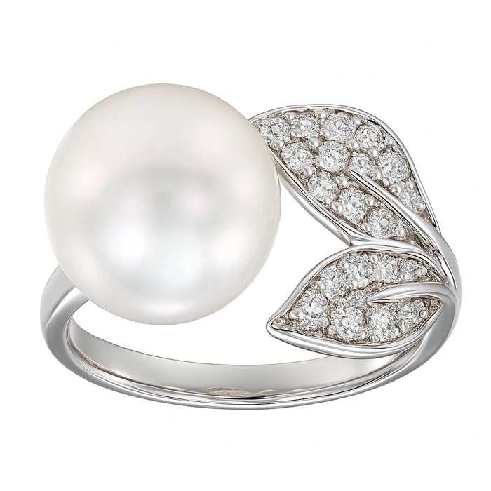 18K White Gold South Sea Pearl and Diamond Leaves Ring
