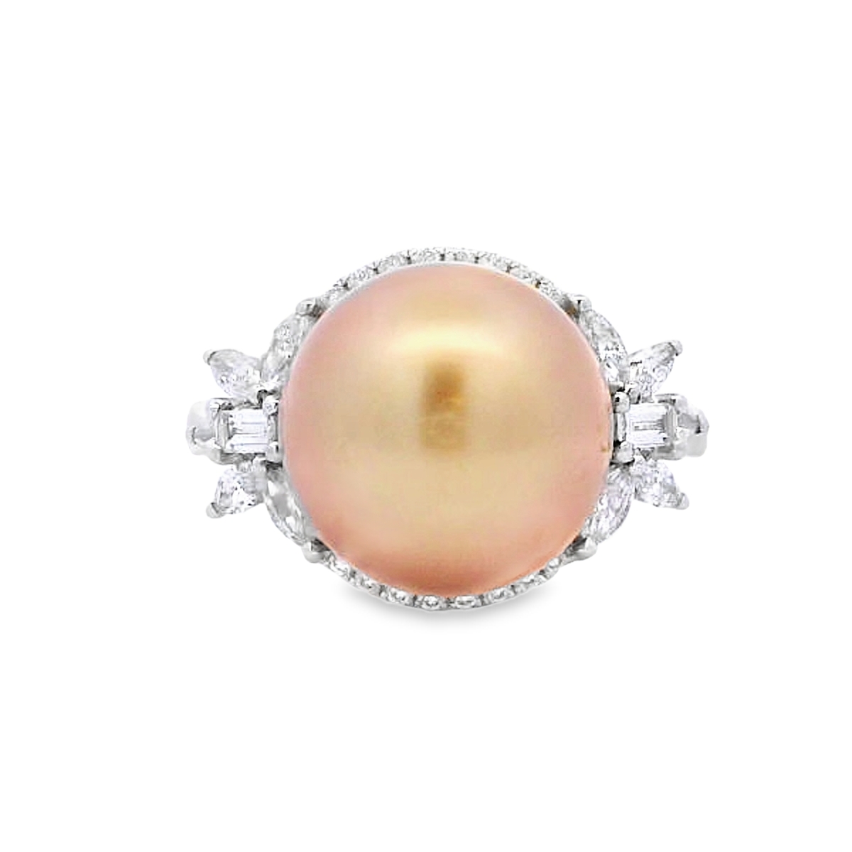18K White Gold Golden Brown Pearl & Diamond Halo Ring