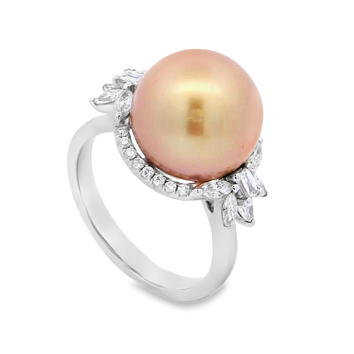 18K White Gold Golden Brown Pearl & Diamond Halo Ring
