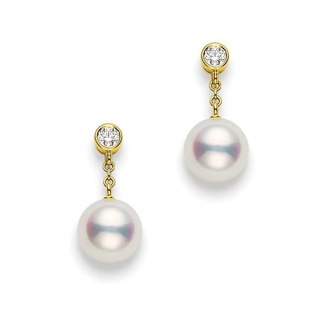 Mikimoto 18K Yellow Gold Classic Akoya Pearl & Diamond Drop Earrings