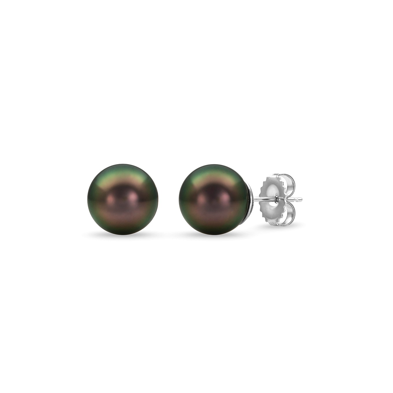 14K White Gold Tahitian Cultured Pearl Stud Earrings with 2 Round Tahitian Pearls AAA quality 9-10mm