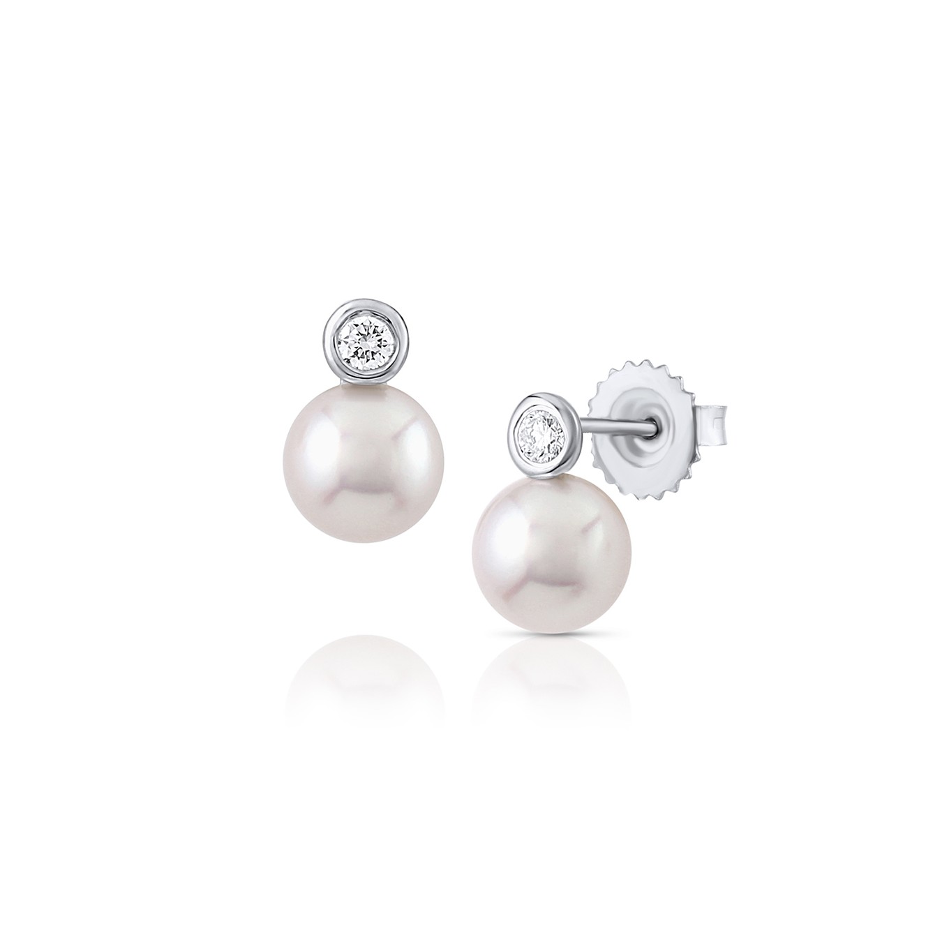 14K White Gold 8-8.5mm Round White Akoya Pearl and Bezel-Set Diamond Stud Earrings