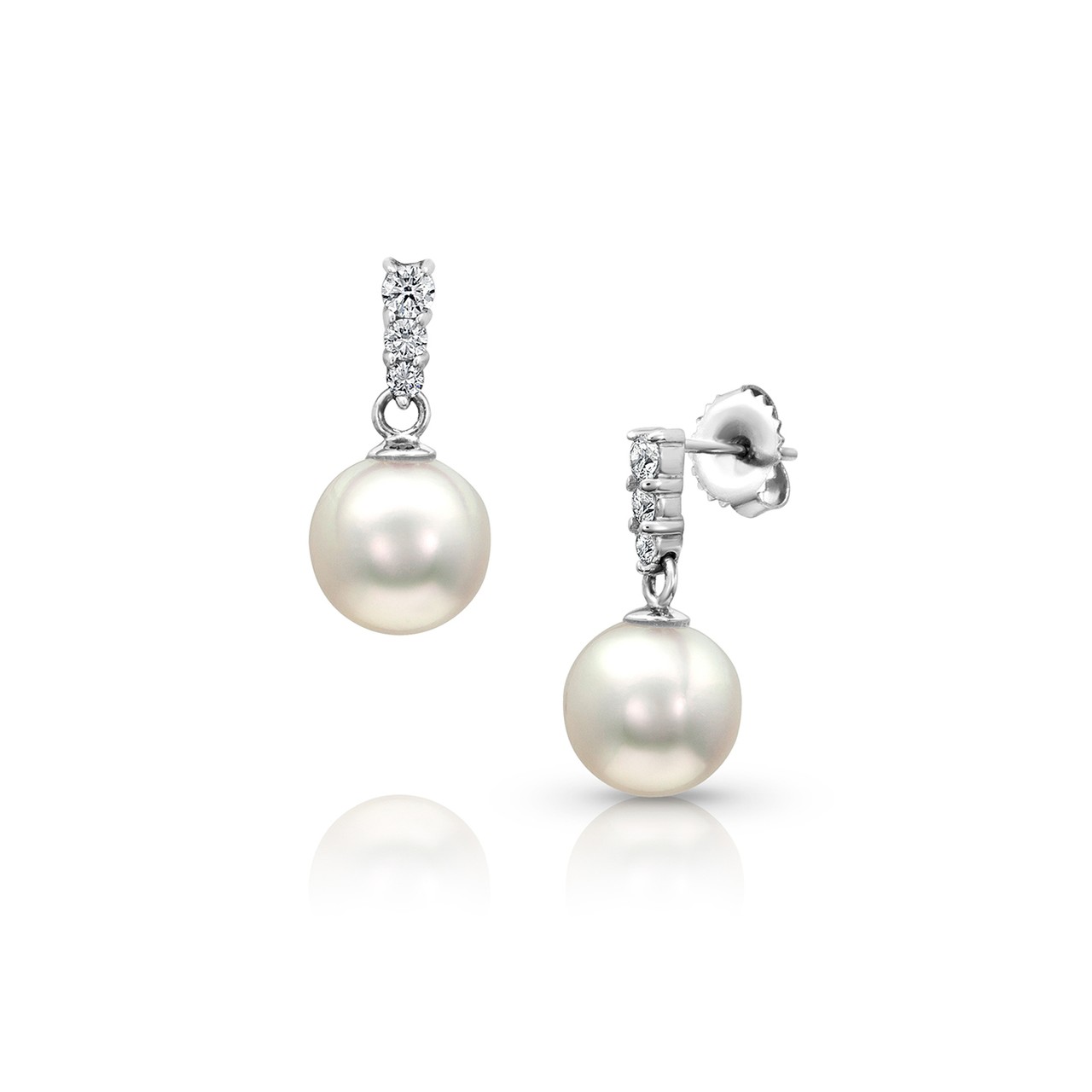 14K White Gold 8-8.5mm Akoya White Pearl And Graduated Diamond Dangle Earrings