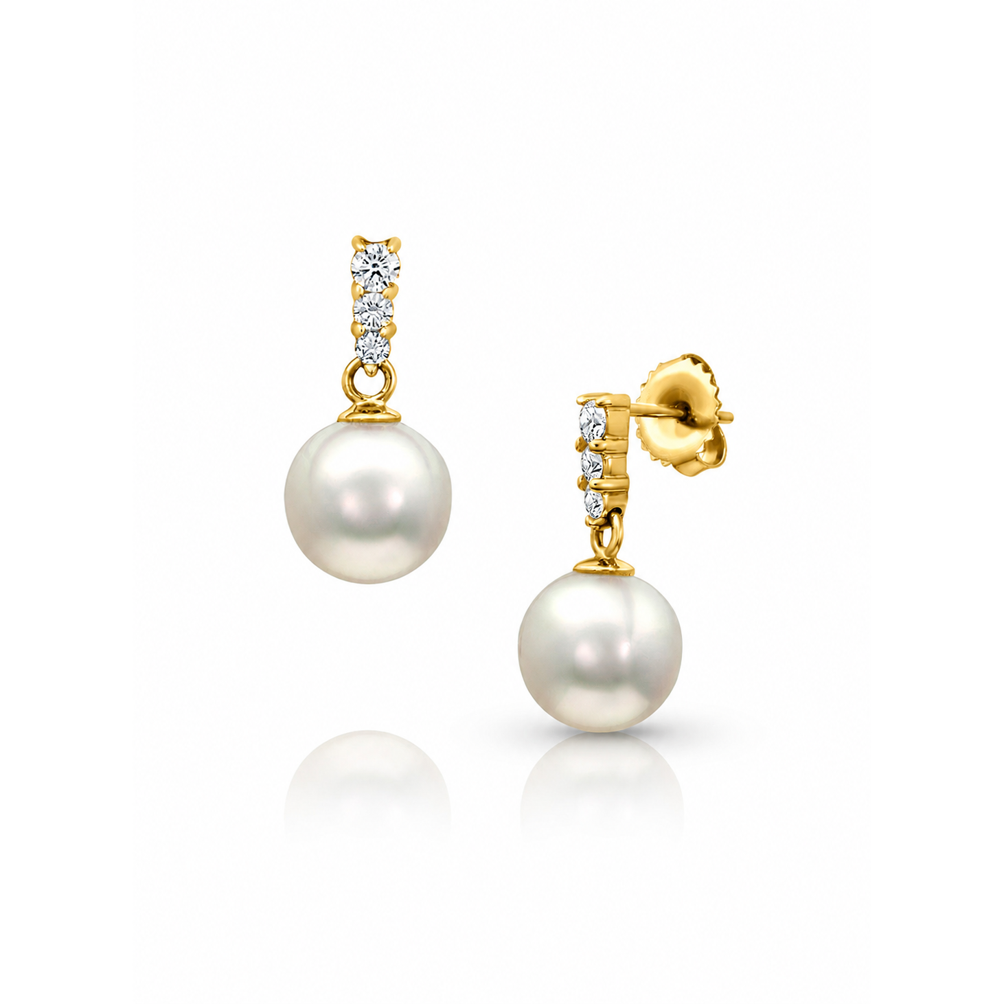 14K Yellow Gold 8-8.5mm Akoya White Pearl And Graduated Diamond Dangle Earrings