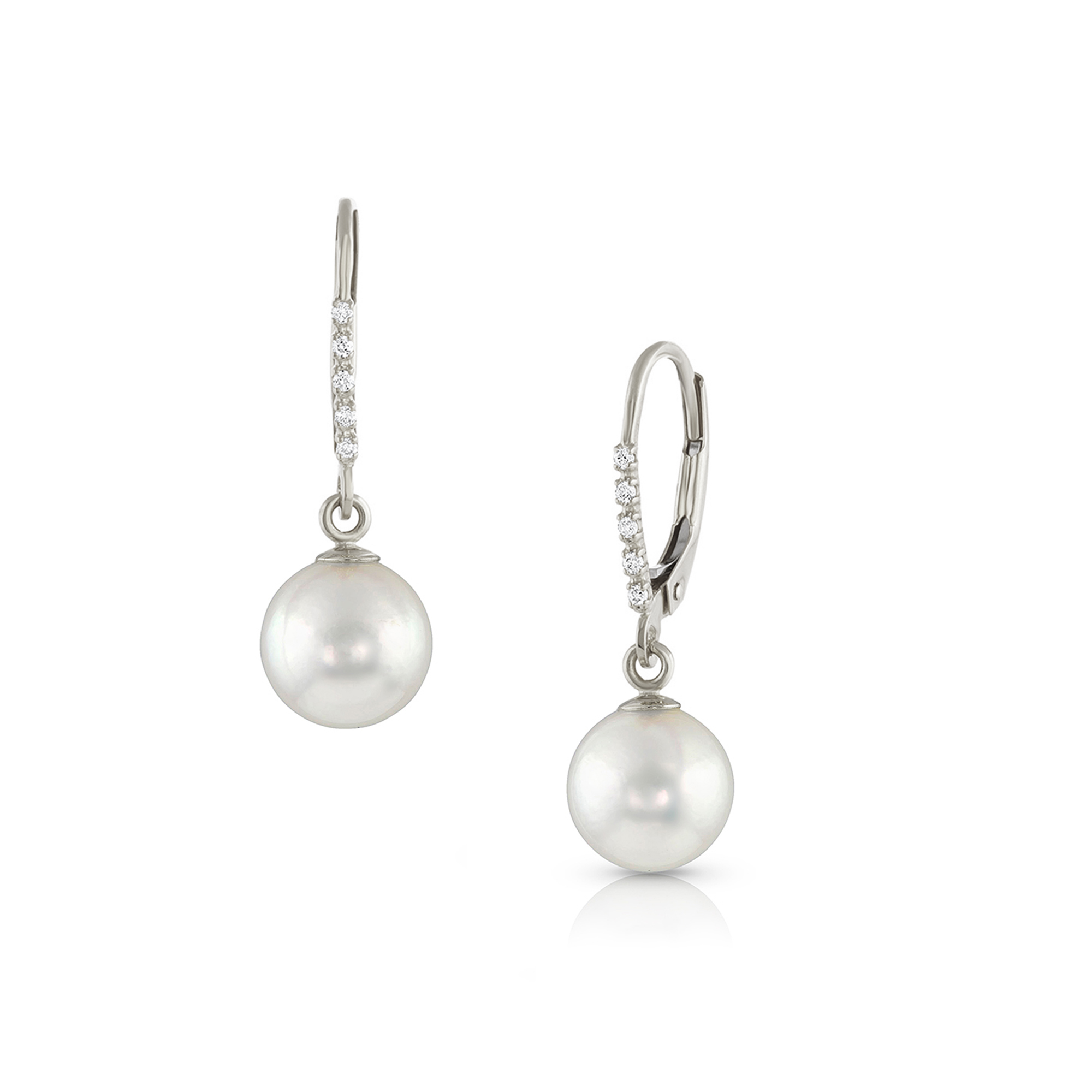 14K White Gold Diamond and 8-8.5mm Akoya Leverback Drop Earrings