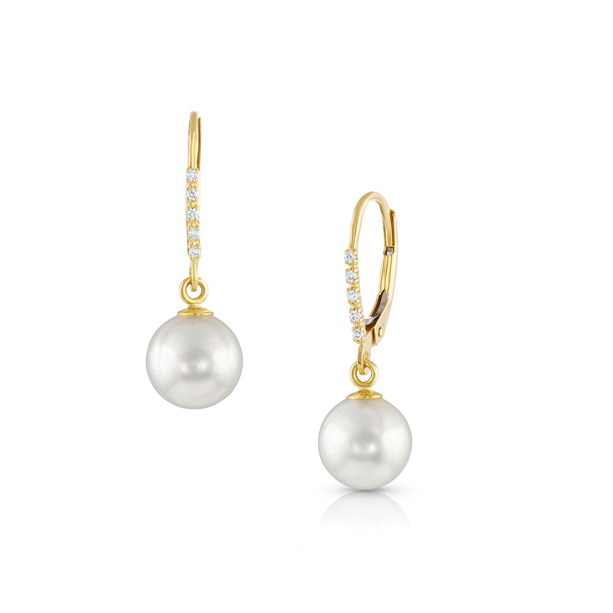 14K Yellow Gold Diamond and 8-8.5mm Akoya Leverback Drop Earrings